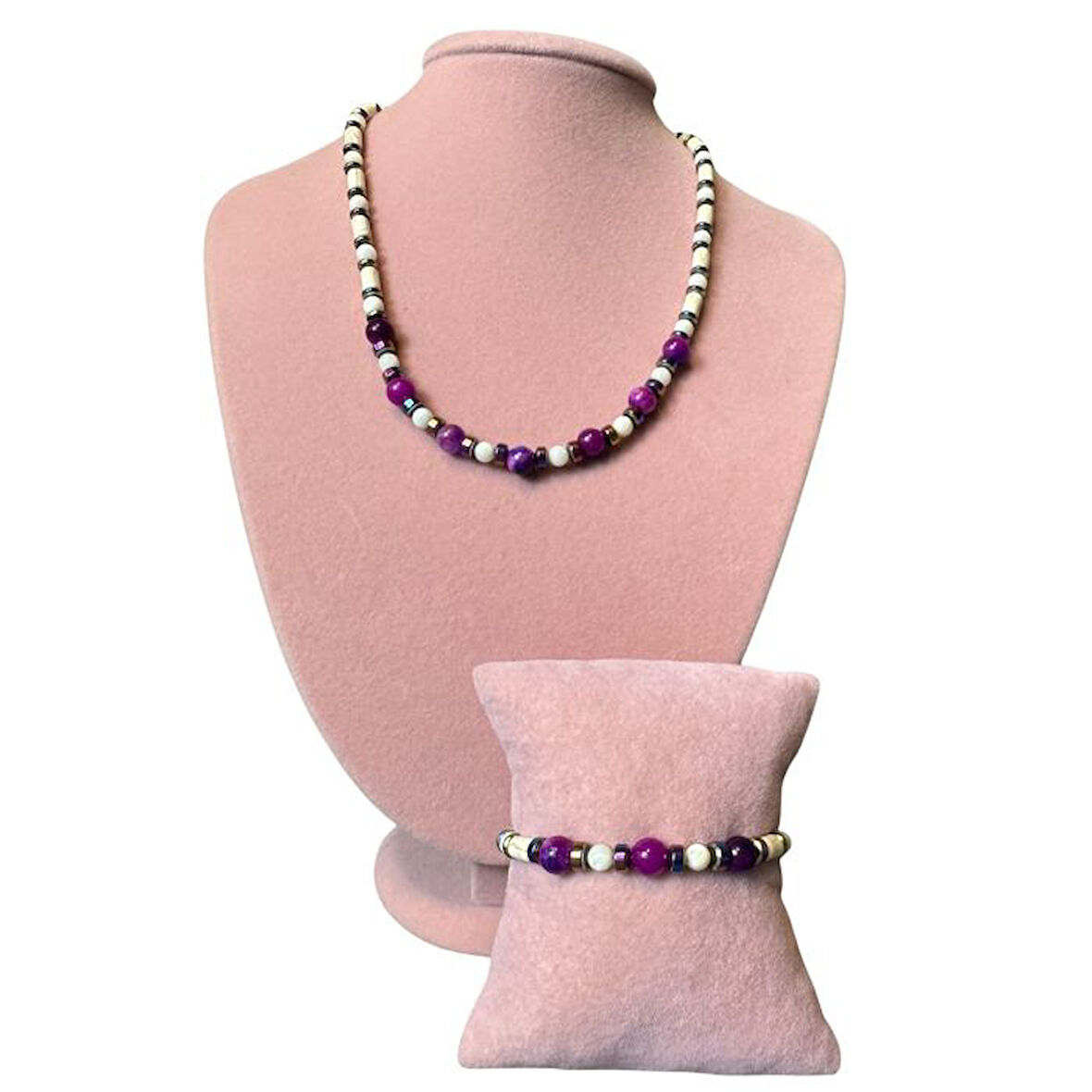 Uretti - Özlem 9422 2029 El Yapımı Sedef - Hematit - Mor Akik Doğal Taş Kolye ve Bileklik Set