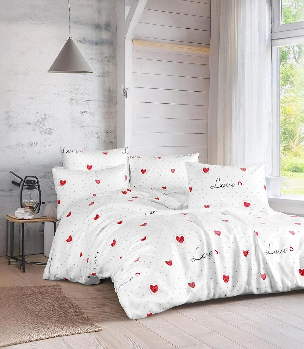 TEK KİŞİLİK LOVE KALPLİ NEVRESİM SETİ, 155x215 NEVRESİM + YASTIK KILIFI