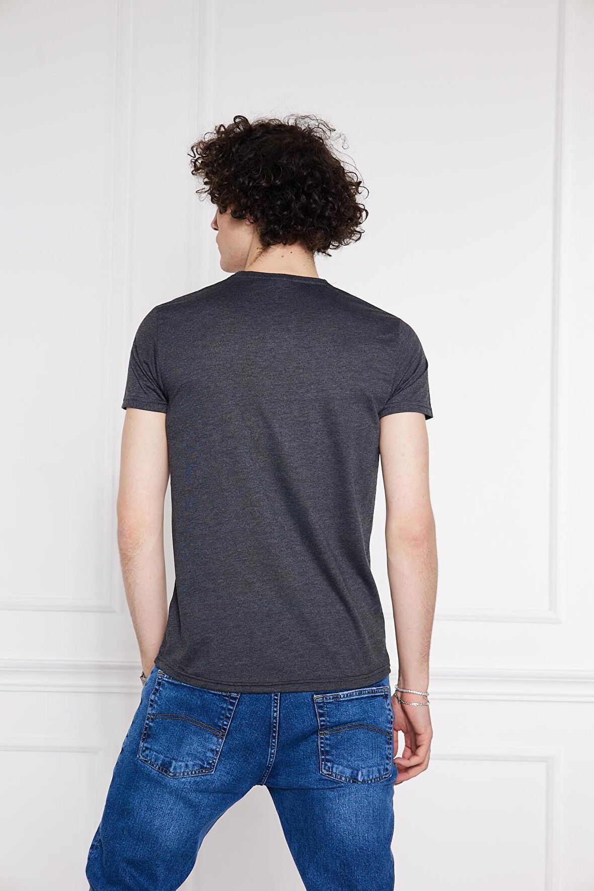 MEKA Bisiklet Yaka % 100 Pamuk Kumaş Antrasit Renk Rahat Kalıp Kısa Kol T-shirt