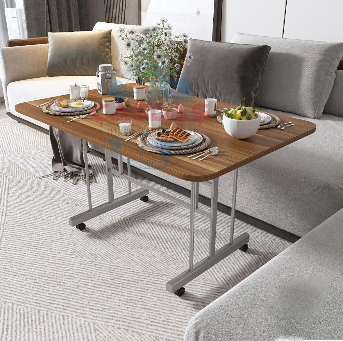 METAL AYAKLI TEKERLEKLİ EKONOMİK ORTA SEHPA 70 x 110 cm – KAHVERENGİ