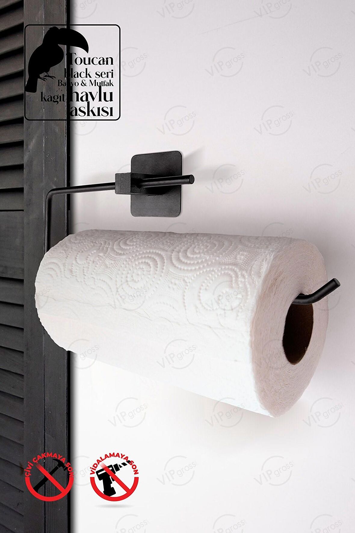 Kağıt Rulo Havluluk, Peçetelik, Yapışkanlı Tasarım, Banyo Askısı / Siyah