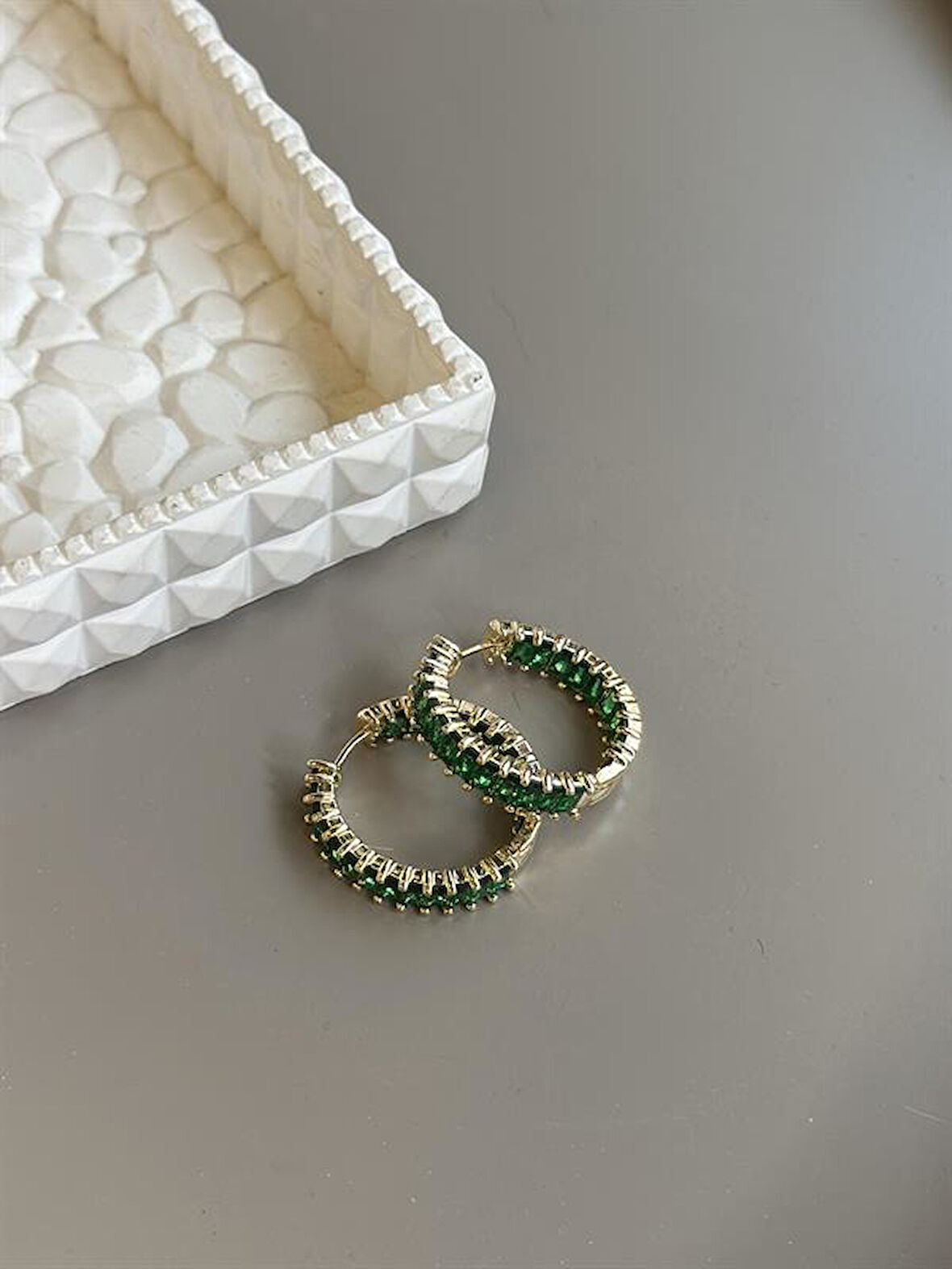 Taşlı Halka Küpe - Yeşil