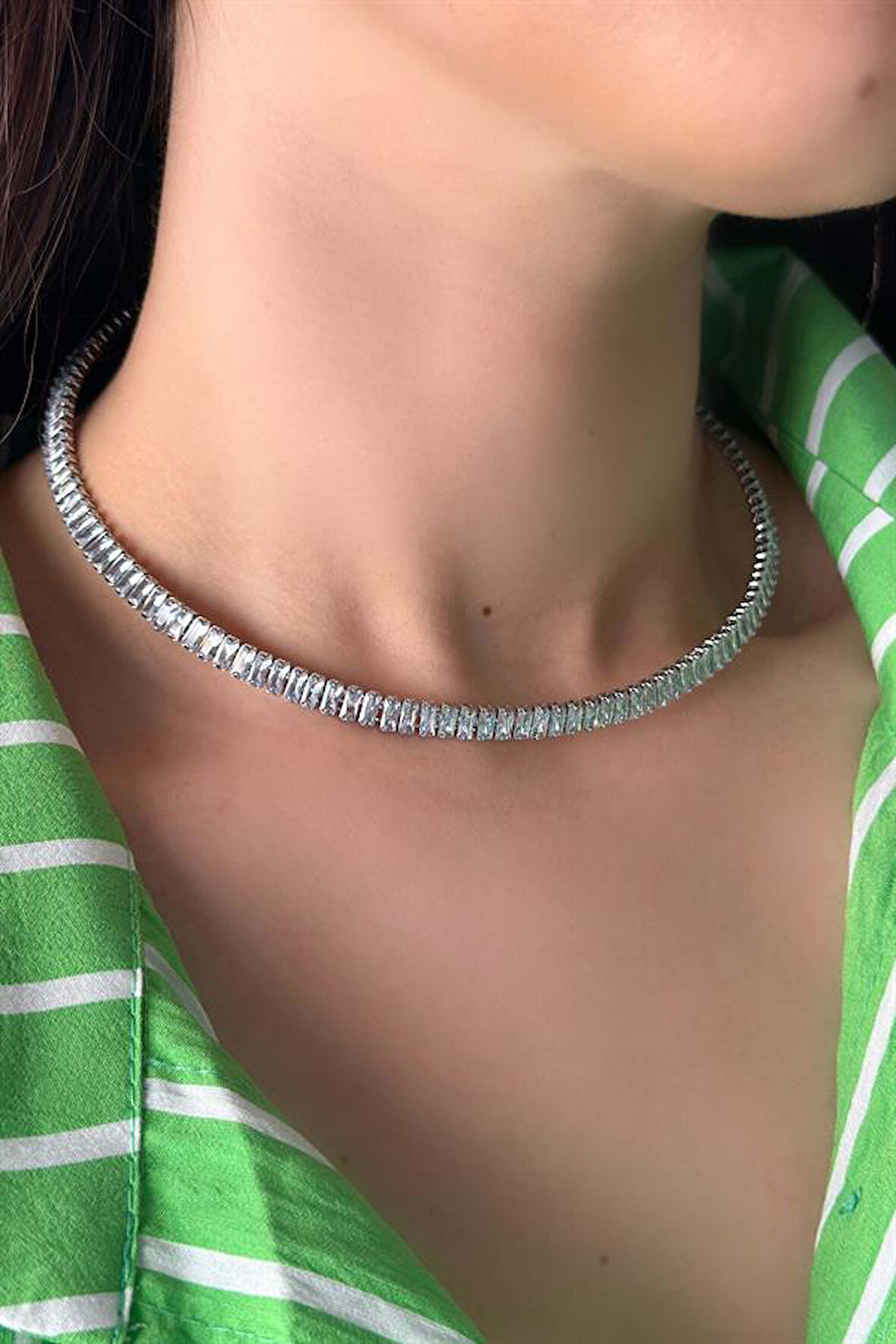 Baget Taşlı Tasma Kolye - Gümüş