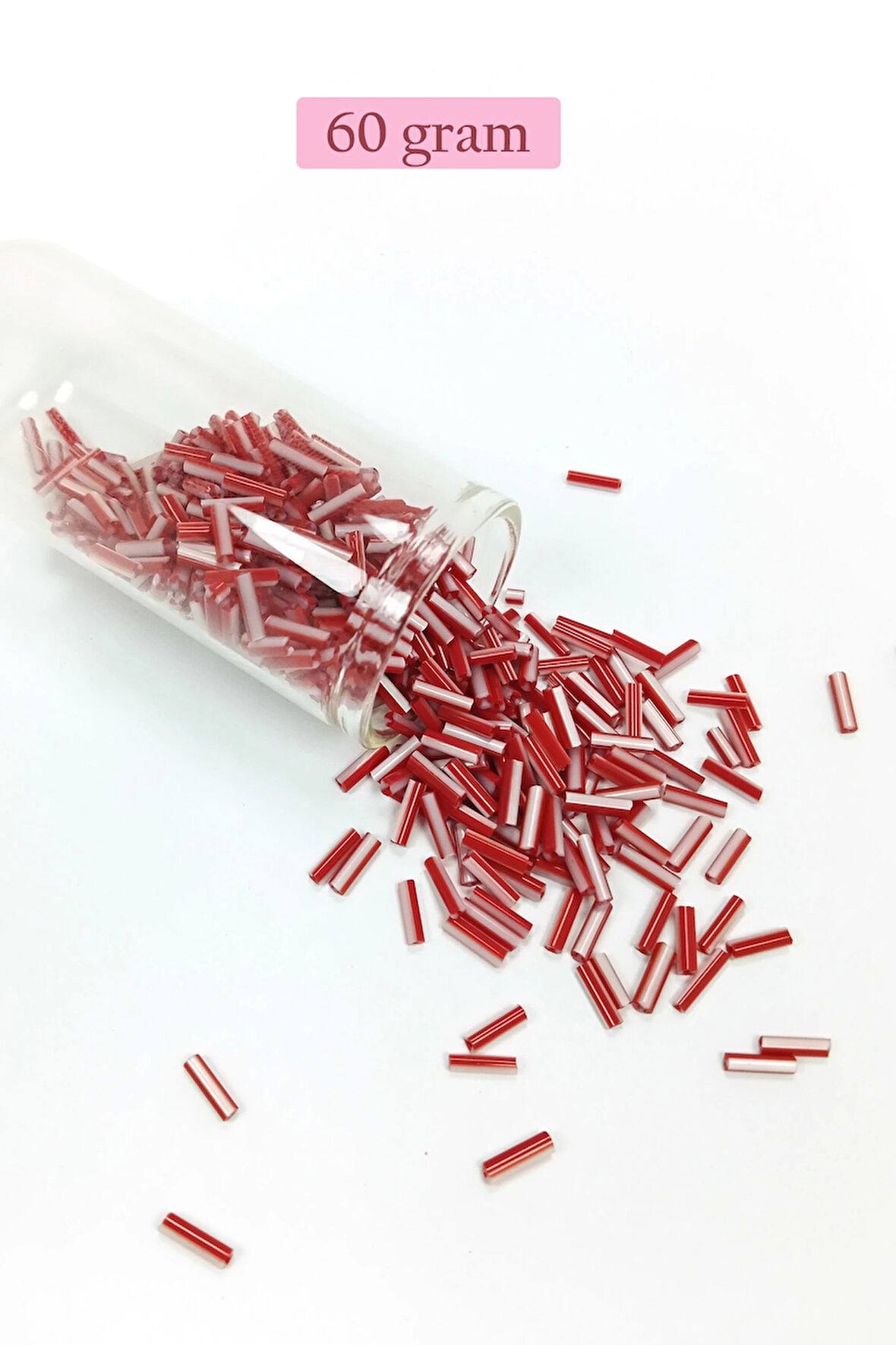 Uzun Boru Kesme Boncuk Çap 2mm Uzunluk 10 mm - 60 Gram - Kırmızı Beyaz - BNC278