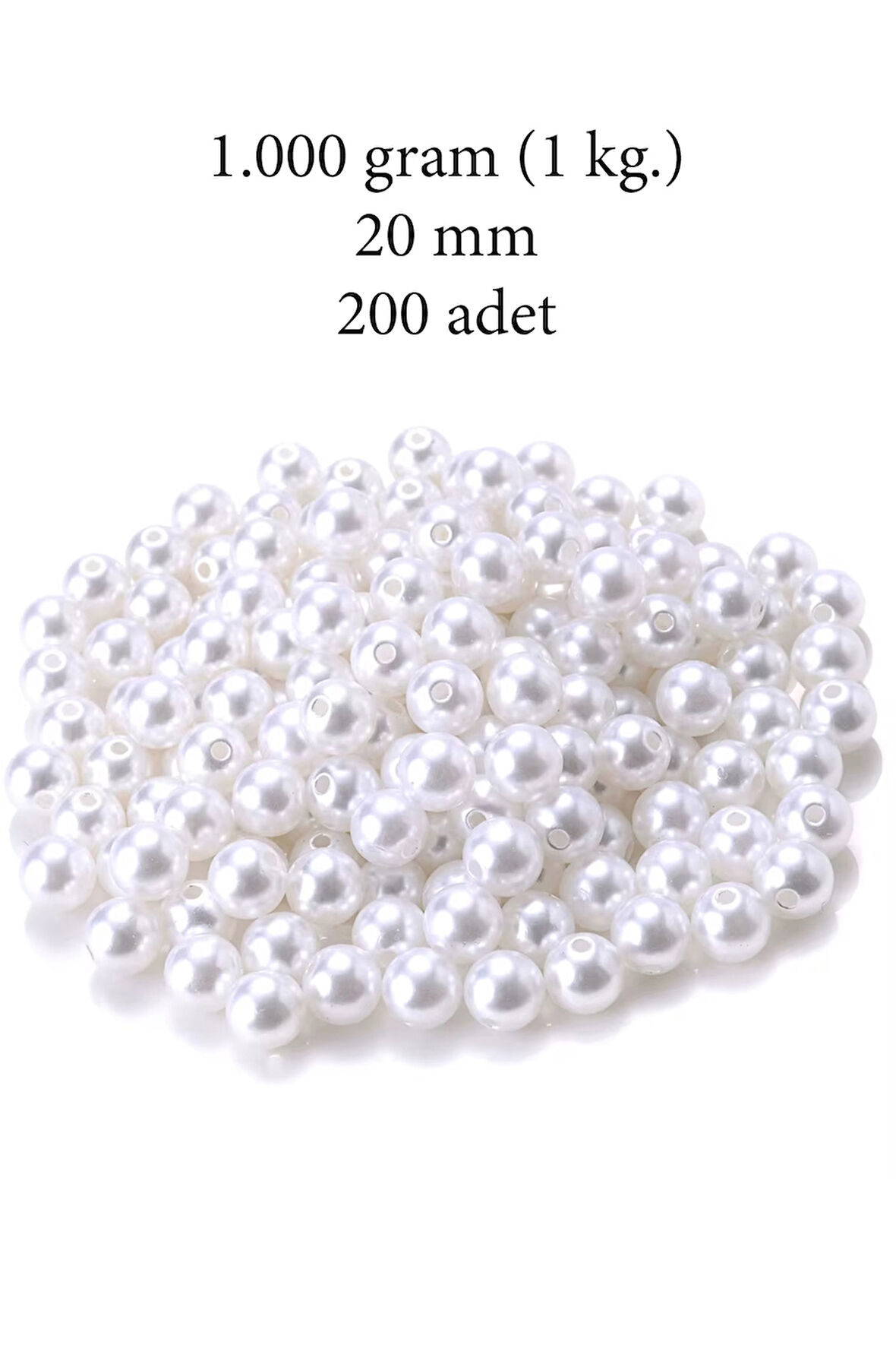 1.000 gram (1 kg.) 20mm Beyaz Renk Plastik İnci Boncuk Çanta ve Takı Yapım Boncuğu (~200 adet)