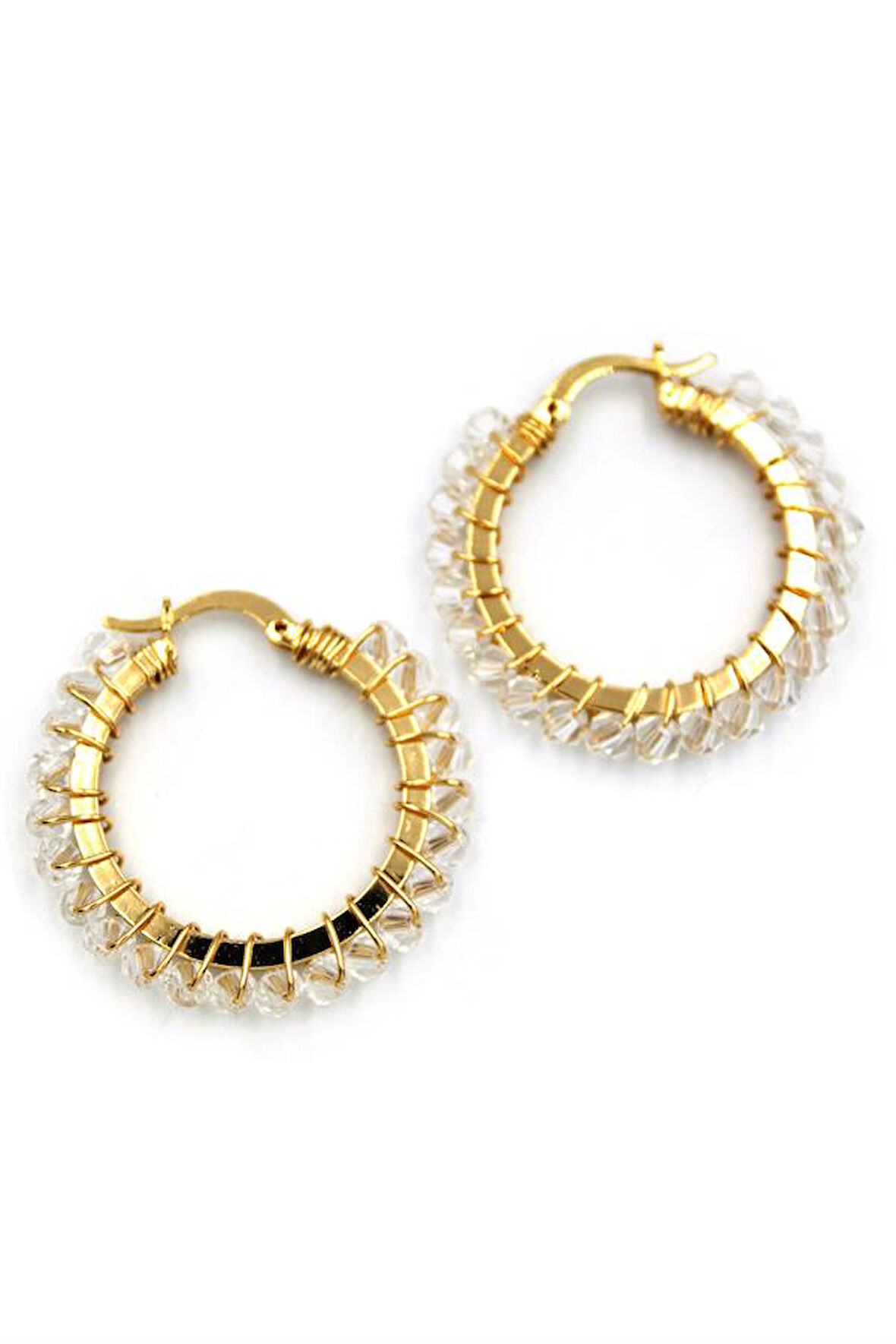 Kristal Boncuk Halka Küpe - Beyaz