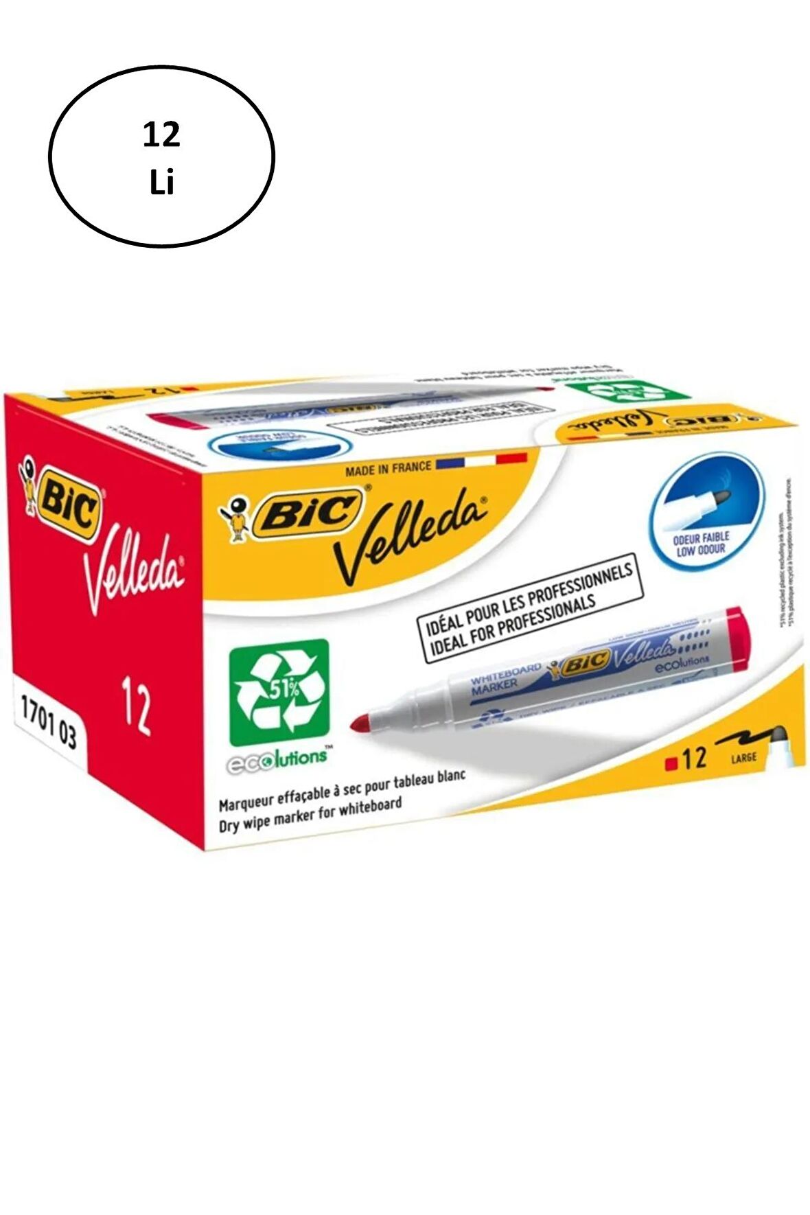 Bic Velleda 1701 Eco Yuvarlak Uç Beyaz Tahta Kalemi Kırmızı (12 Li Kutu)