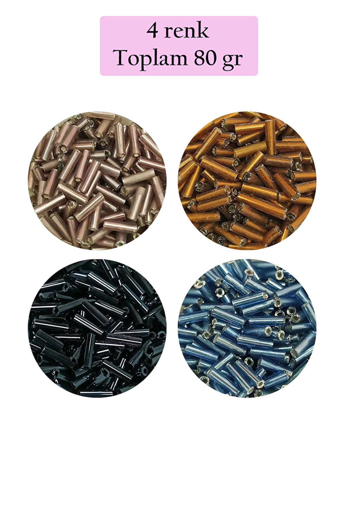 Uzun Boru Kesme Boncuk Çap 2mm Uzunluk 10 mm - 4 Renk - Toplam 80 Gram - BNC426