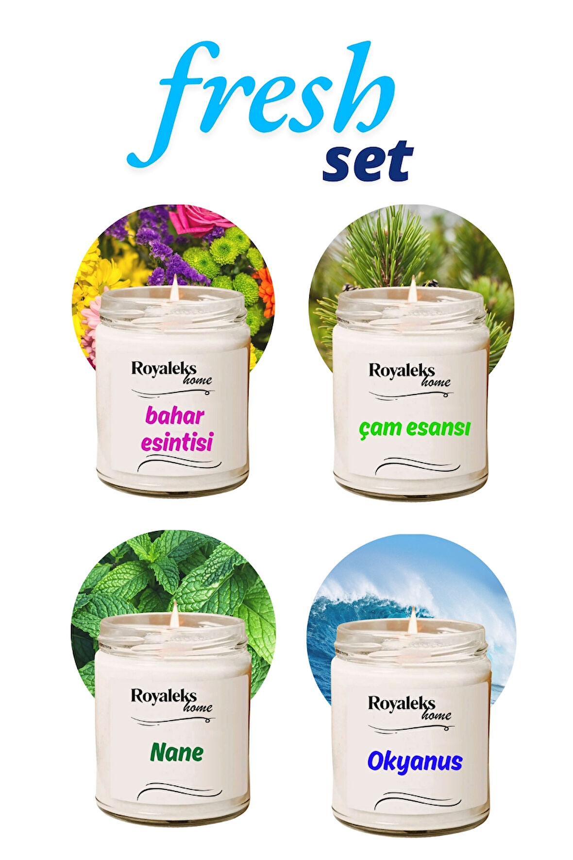 4 Adet Doğal Özel Seri Kokulu Dekoratif Kavanoz Mum 4X210 cc - Fresh Set - RYL