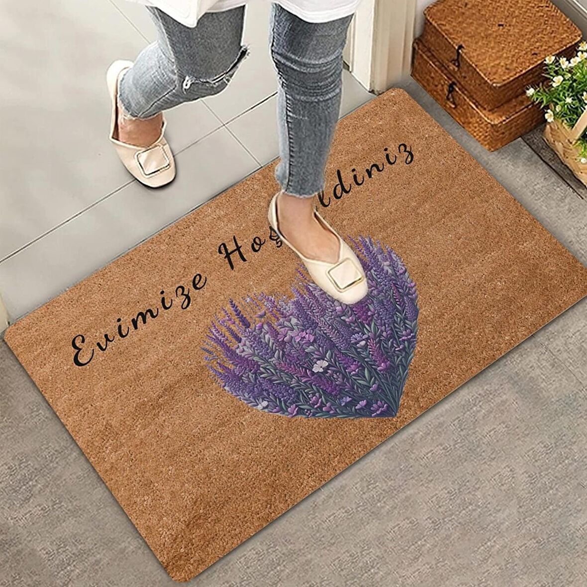 Valerine Life Kalpli Lavanta Evimize Hoş Geldiniz Kapı Önü Paspası 45x70cm