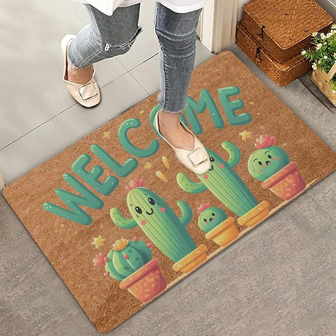 Valerine Life Sevimli Kaktüs Ailesi Welcome Kapı Önü Paspası 45x70cm