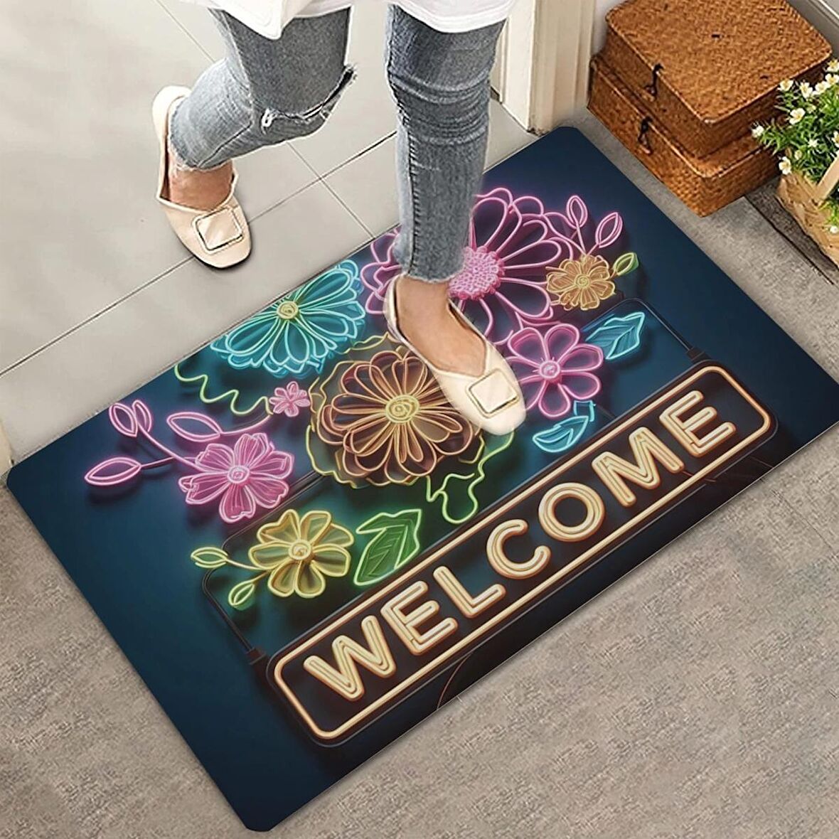 Valerine Life Neon Papatya Çiçekleri Welcome Kapı Önü Paspası 45x70cm