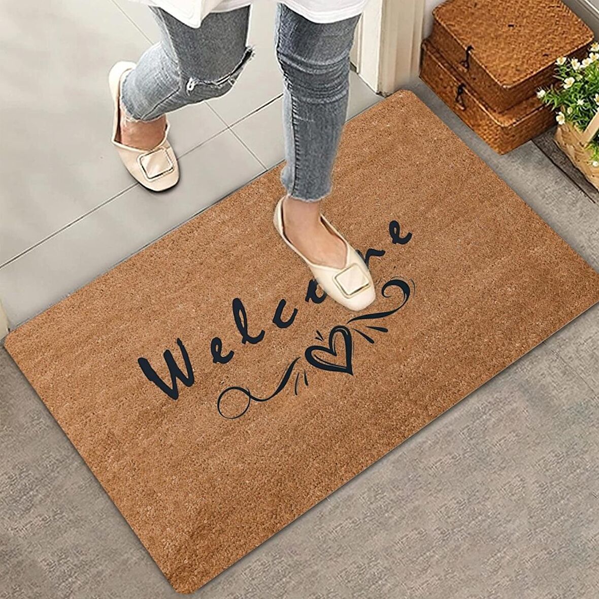 Valerine Life Kara Kalem Kalp Welcome Kapı Önü Paspası 45x70cm