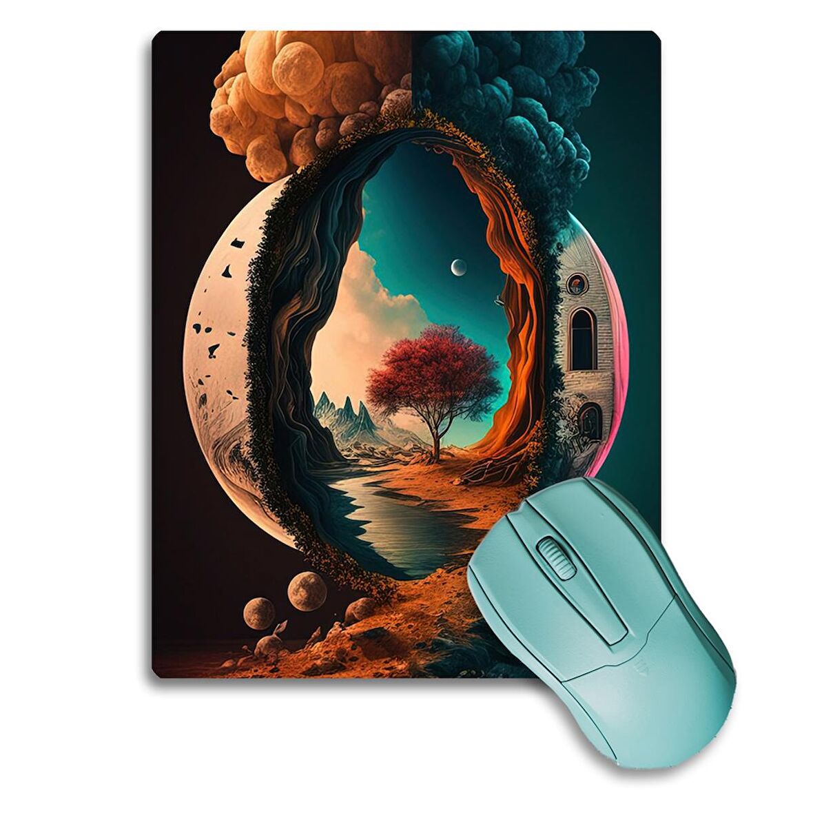 SonicTouch Ay ve Ağaç Temalı Kaydırmaz Gaming Oyuncu Dikişsiz Mavi Turuncu Mouse Pad/Ped 17x21cm