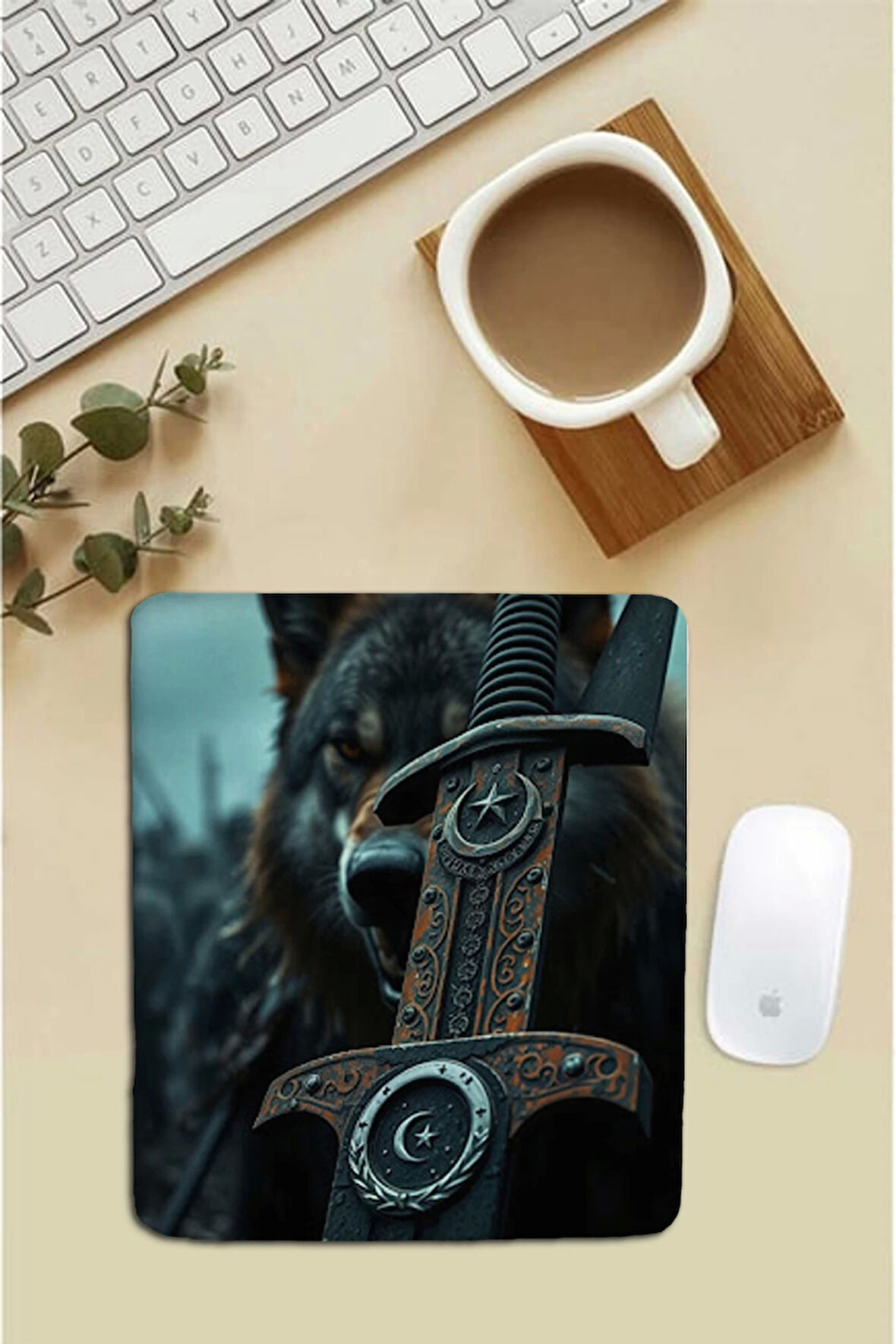 SonicTouch Bilek Destekli Kurt ve Kılıç Siyah Dikdörtgen Pürüzsüz Yüzey Dikişsiz Mouse Pad 18x22cm