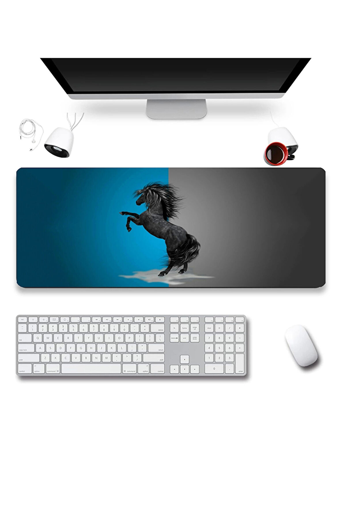 SonicTouch Şahlanan Ahal Teke Mavi Gri Gamer Oyuncu Dikişsiz Sıvı Geçirmez Klavye Mouse Pad 32x70Cm