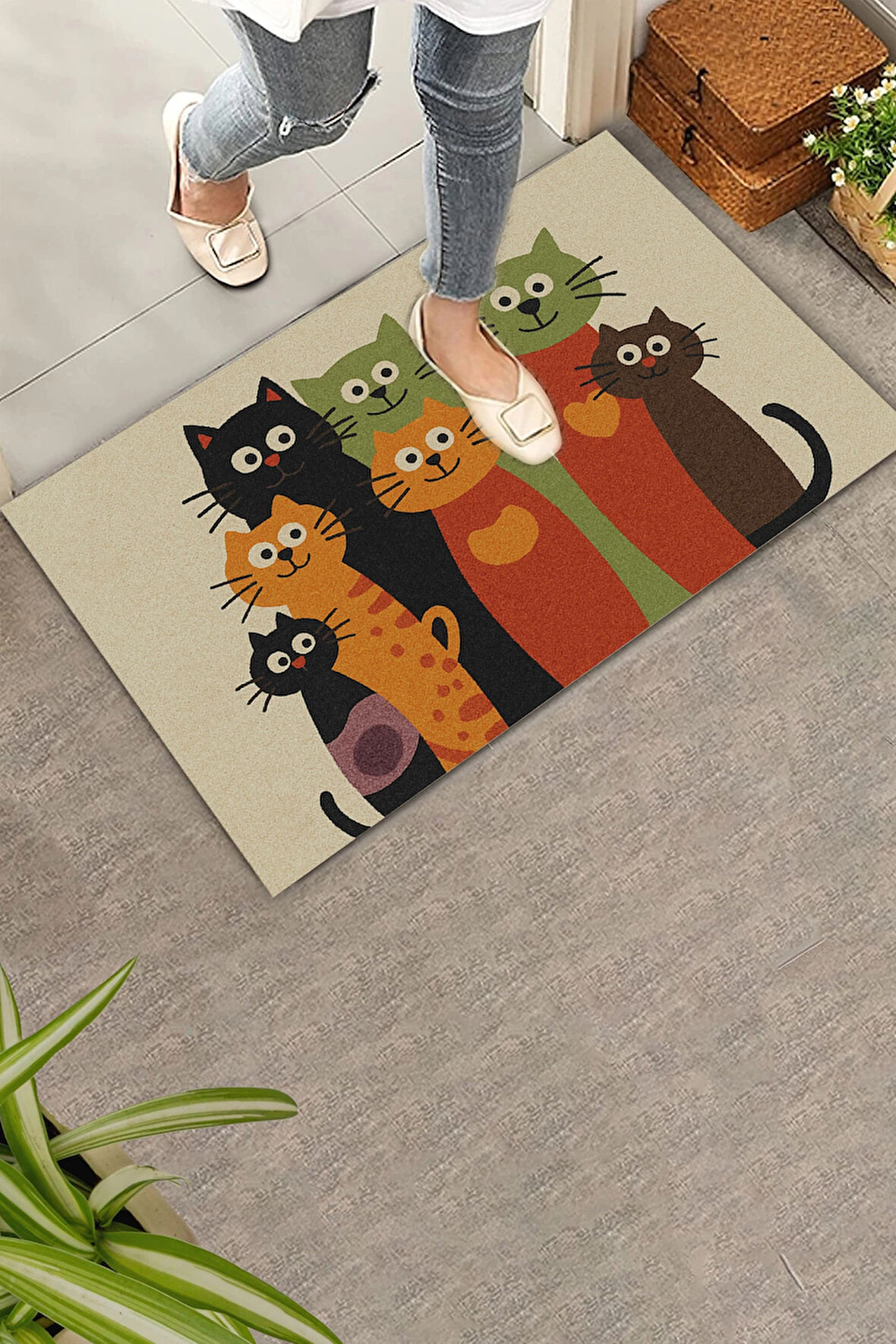 Valerine Life Renkli Pati Dostluğu Welcome Hoş Geldiniz Dijital Baskılı Kapı Önü Paspası 45x70cm