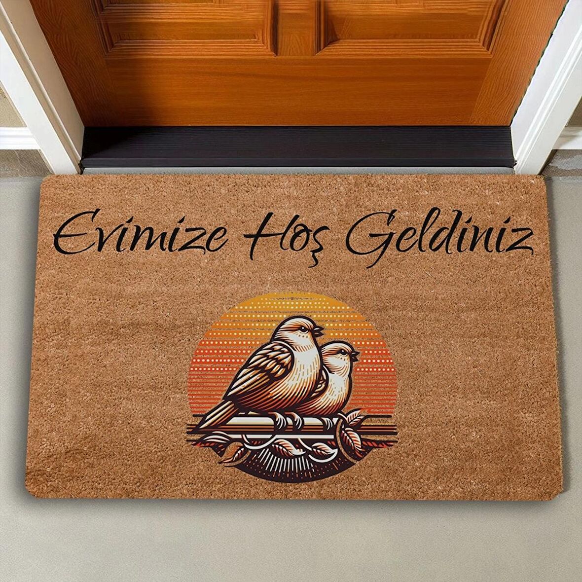 Valerine Life Gün Batımı ve Huzurlu Kuş Çifti Evimize Hoş Geldiniz Kapı Önü Paspası 45x70cm