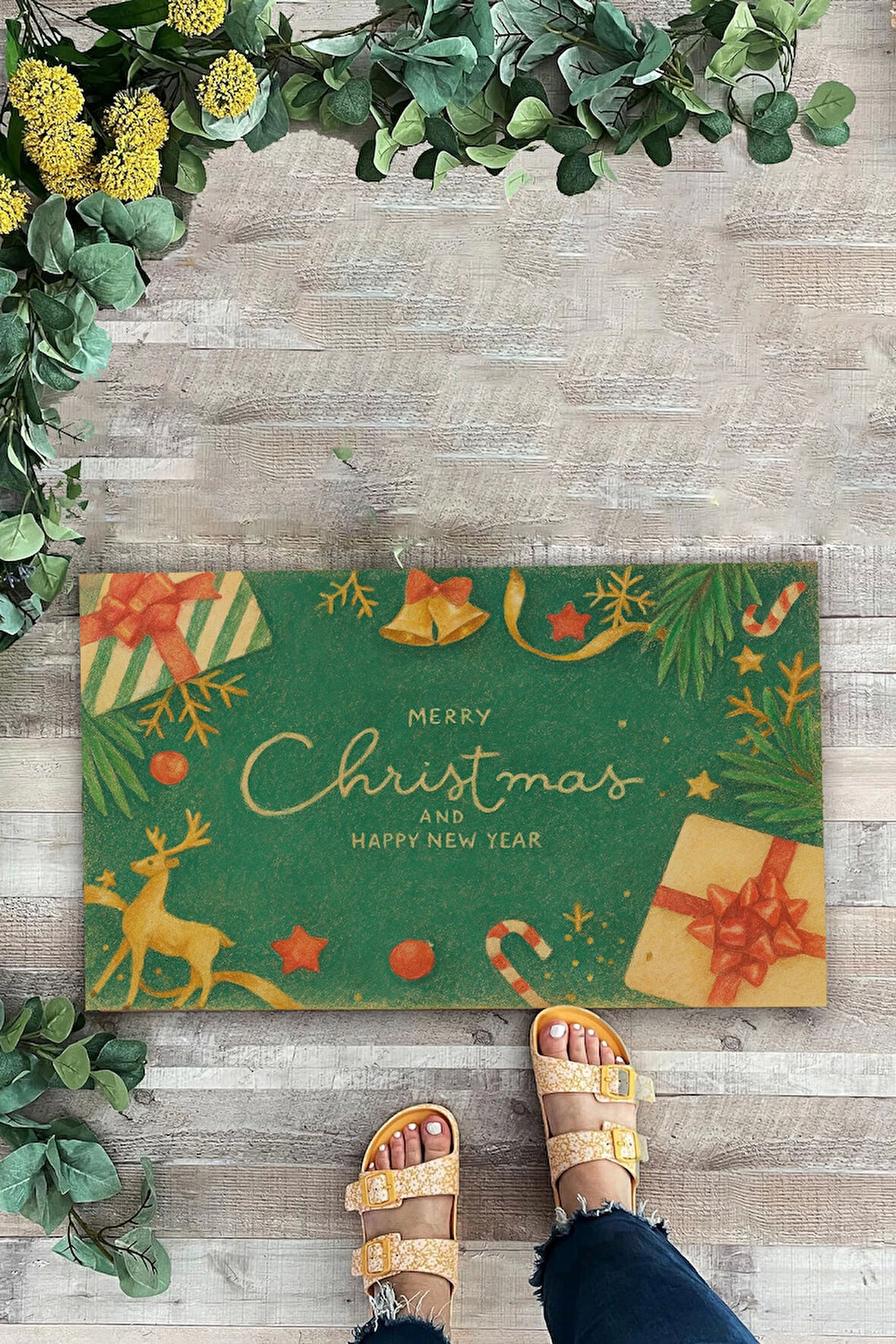 Valerine Life Happy New Year Yeşil Pastel Ren Geyikli Welcome Hoş Geldiniz Kapı Önü Paspası 45x70cm