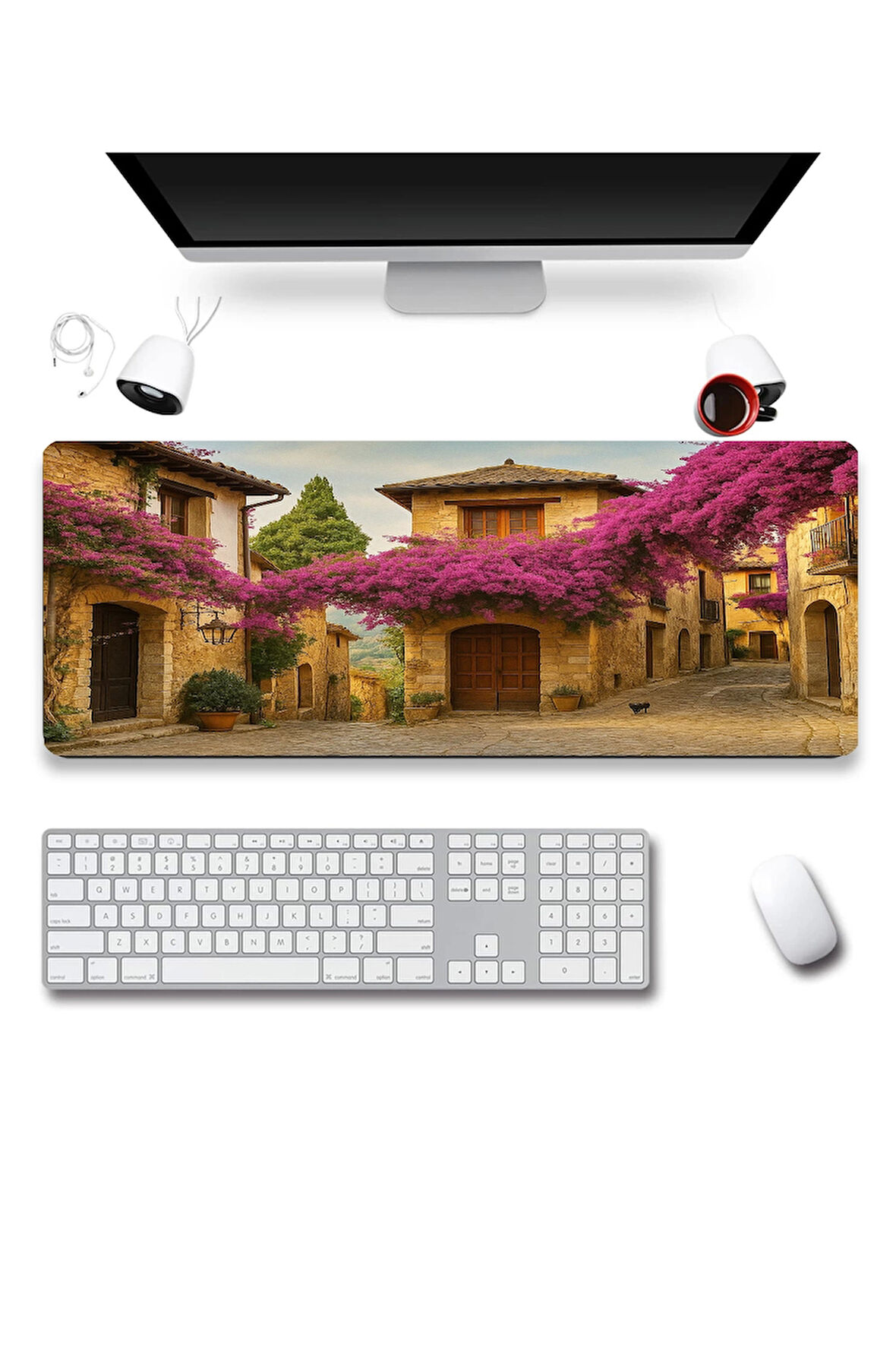 SonicTouch UltraGrand Leylak Çiçekli Taş Evler Xxl Gaming Oyuncu Mor Klavye Mouse Pad 40x90Cm