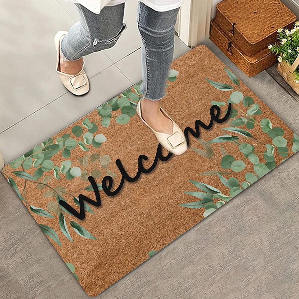 Valerine Life Okaliptüs Yaprakları Welcome Kapı Önü Paspası 45x70cm
