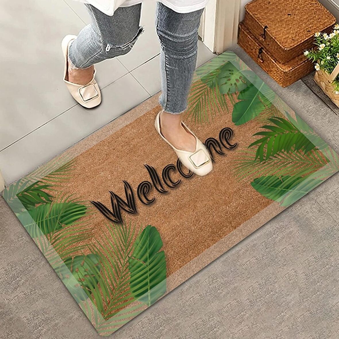 Valerine Life Beyaz Çerçeveli Palmiye Yaprakları Welcome Kapı Önü Paspası 45x70cm