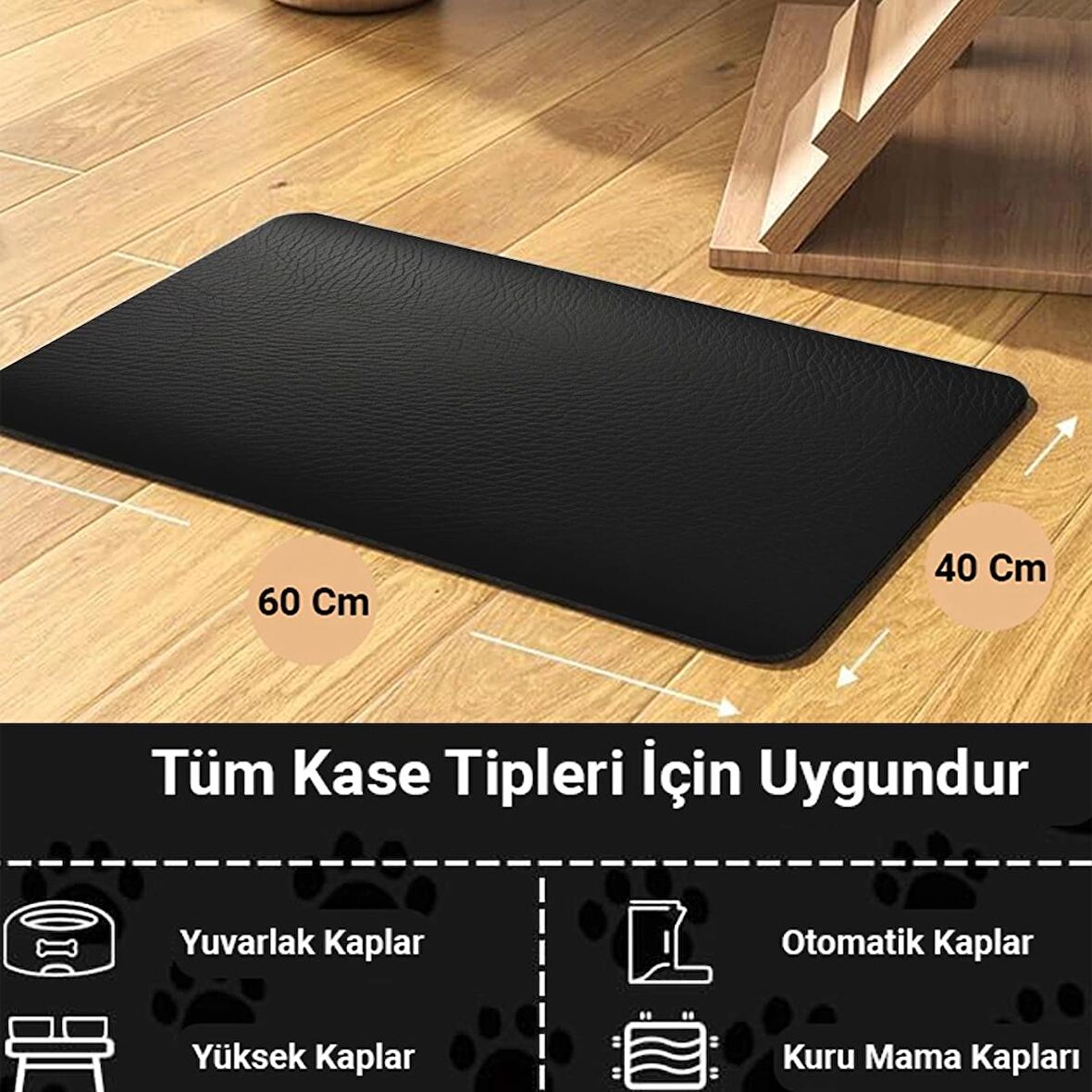 MAtGo Pati Beslenme Matı Kaymaz Su Geçirmez Siyah Suni Deri Kedi Köpek Mama Paspası 40x60cm