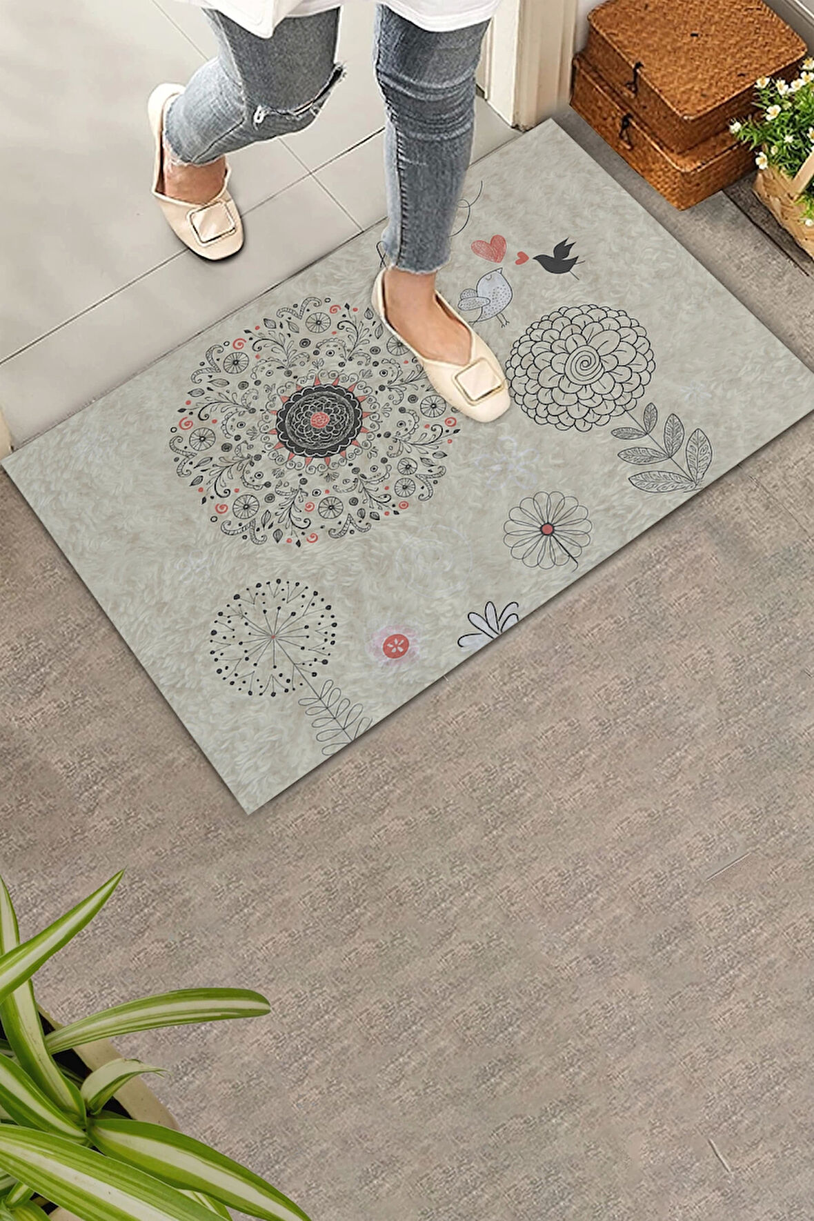 Valerine Life Dilek Otlu Papatya ve Kuşlar Krem Rengi Welcome Hoş Geldiniz Kapı Önü Paspası 45x70cm