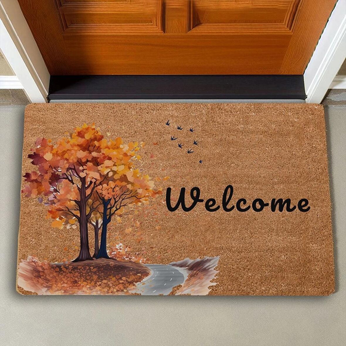 Valerine Life Ağaç ve Kuşlar Sonbahar Temalı Welcome Kapı Önü Paspası 45x70cm