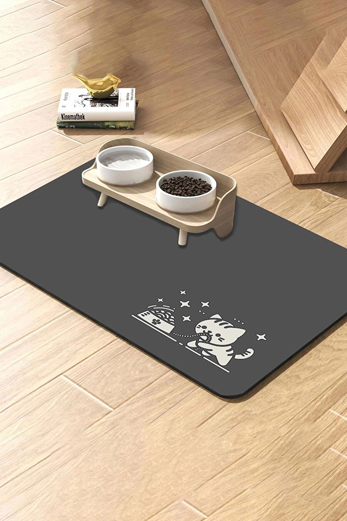 MAtGo Pati Mama Çeken Gri Kedi Beslenme Matı Kaymaz Sıvı Geçirmez Kedi Köpek Mama Paspası 50x70cm