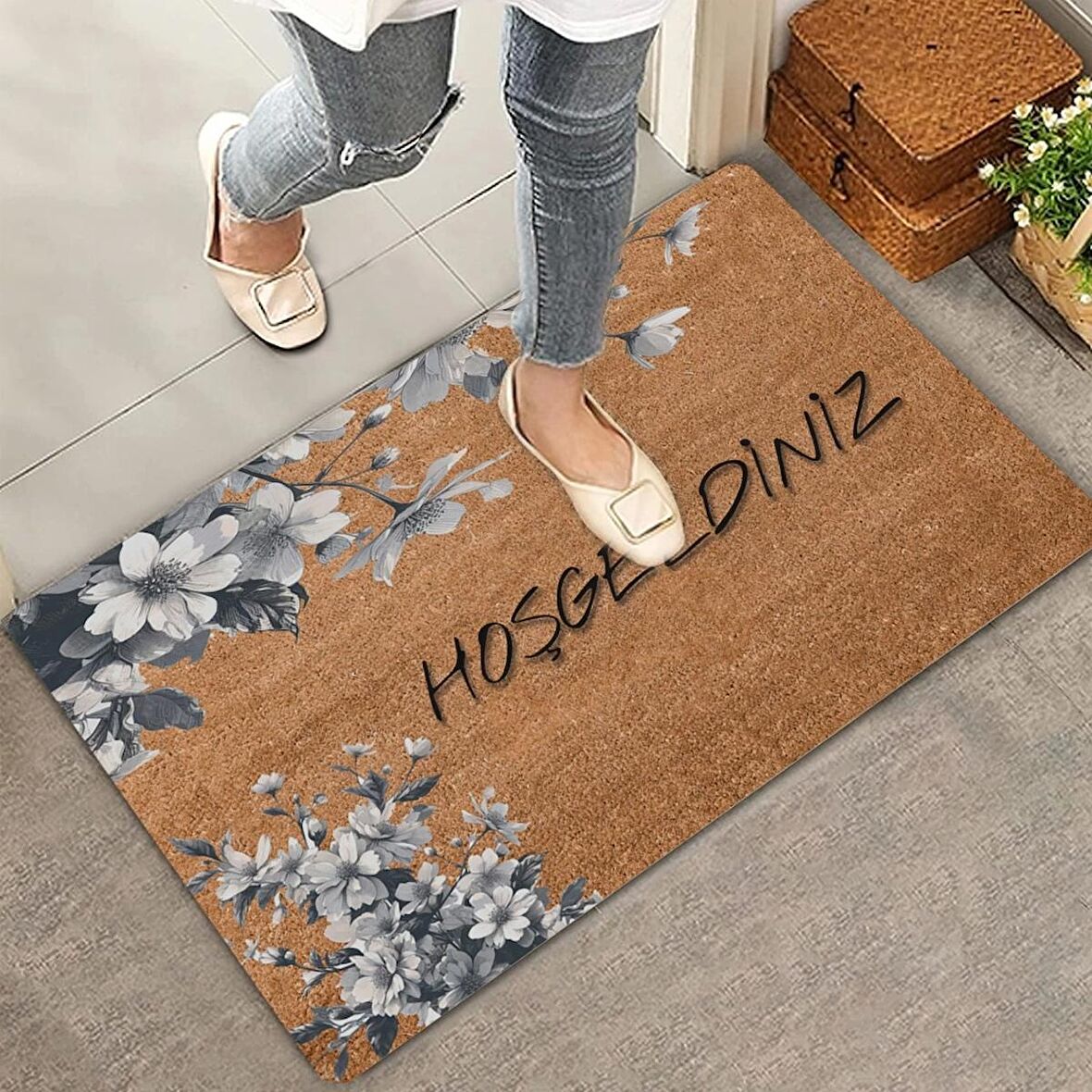 Valerine Life Beyaz Gerbera Çiçekleri Hoş Geldiniz Kapı Önü Paspası 45x70cm
