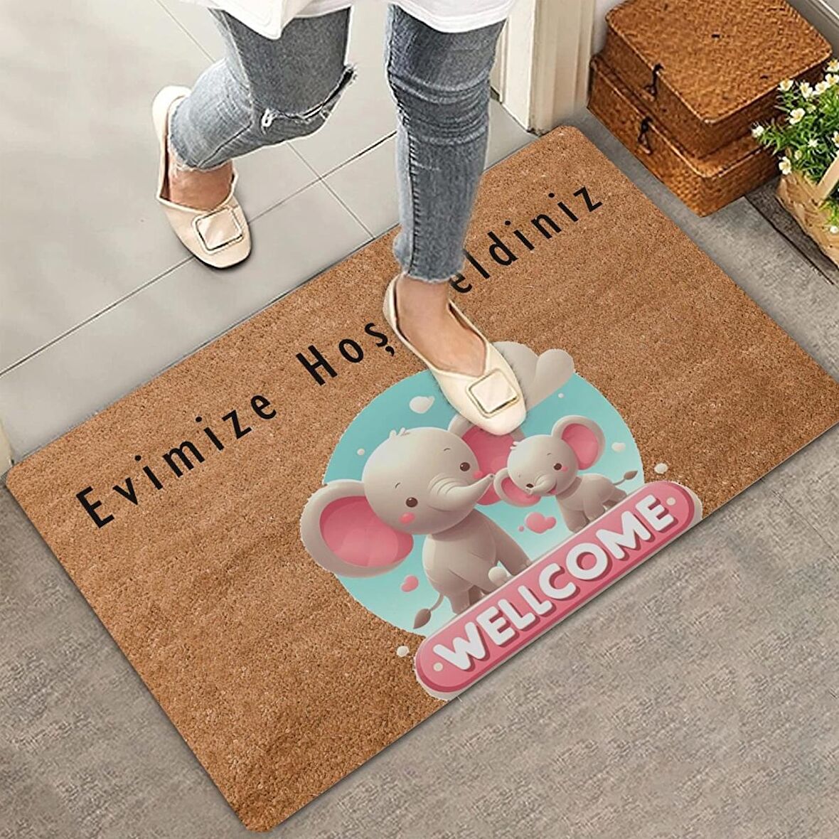 Valerine Life Sevimli Pembe Yavru Filler Evimize Hoş Geldiniz Kapı Önü Paspası 45x70cm