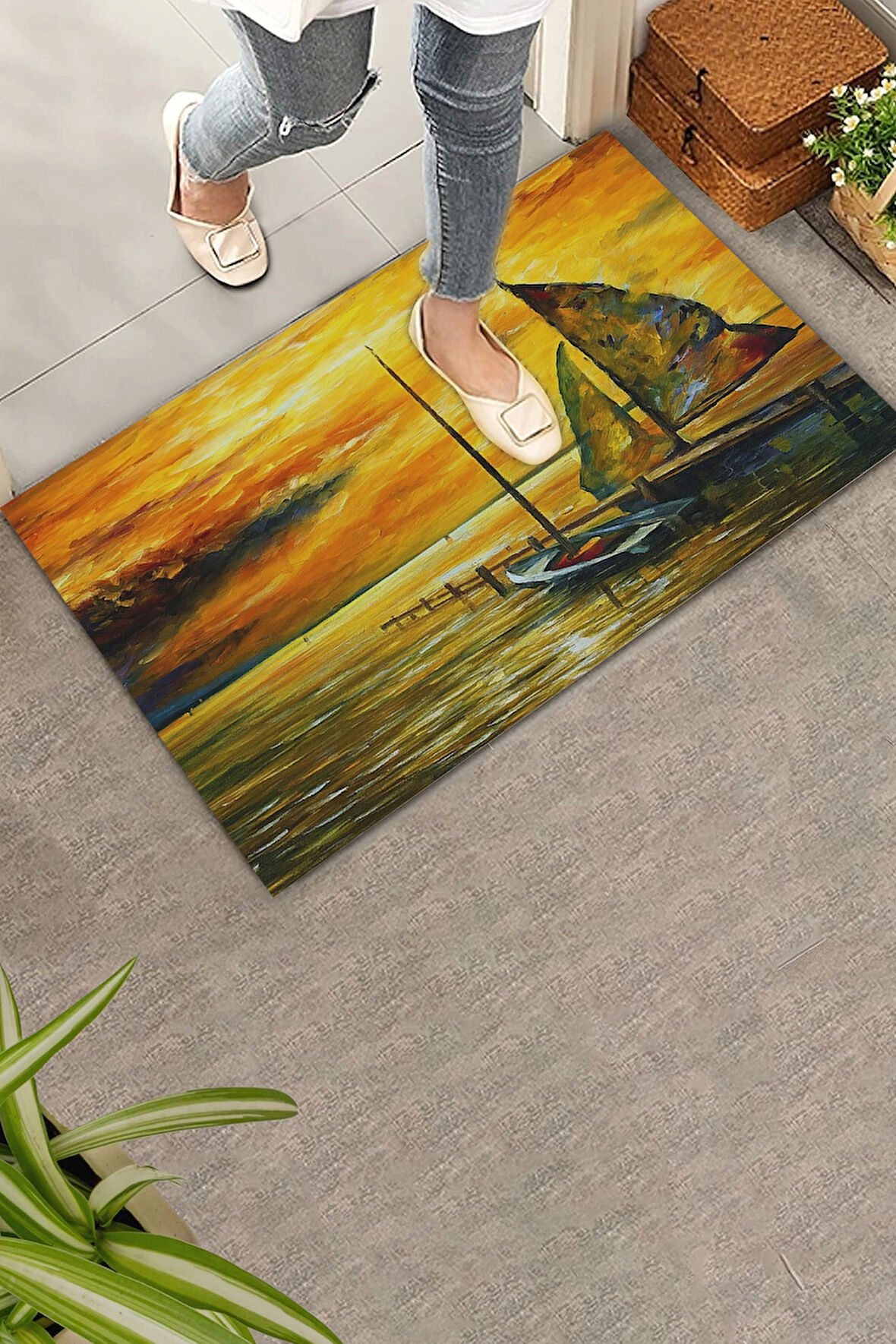 Valerine Life Deniz Gemi ve Gün Batımında Huzur Temalı Welcome Hoş Geldiniz Kapı Önü Paspası 45x70cm