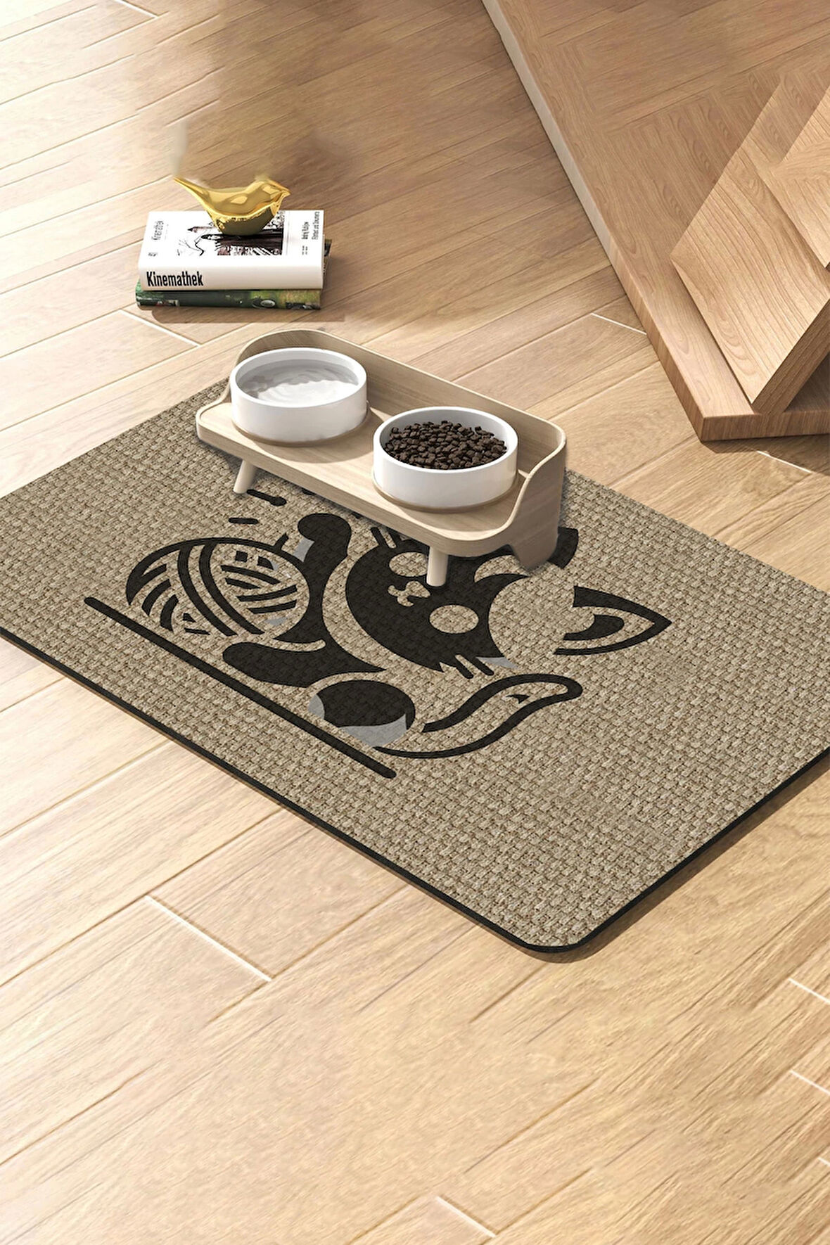 MAtGo Pati Süper Mood Deri Yumaklı Kedi Krem Beslenme Matı Kaymaz Kedi Köpek Mama Paspası 50x70cm