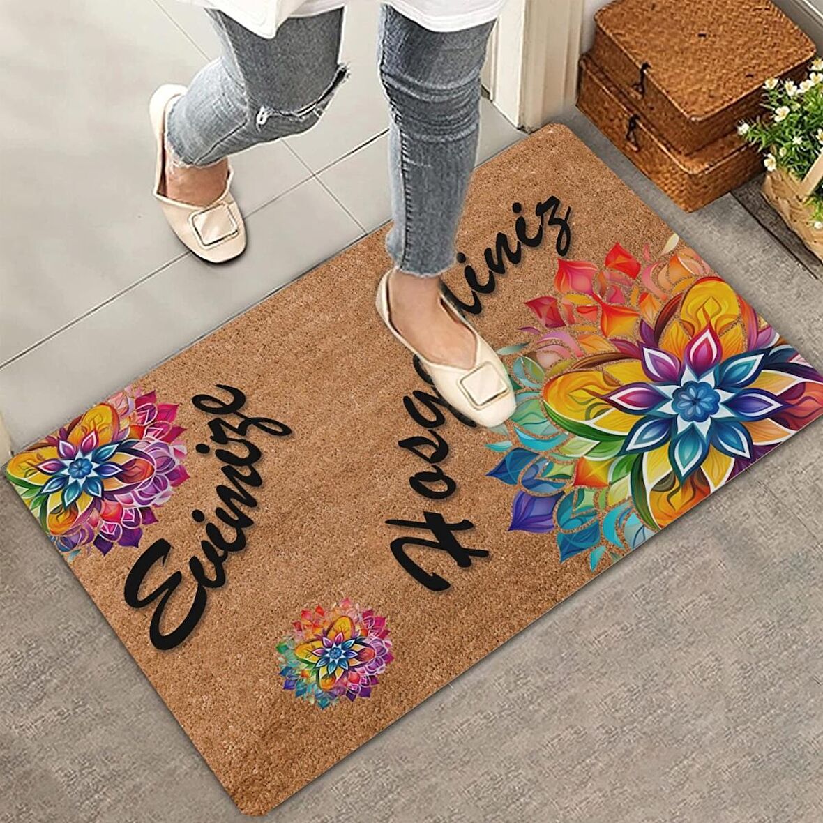 Valerine Life Mandala Turuncu Kırmızı Evimize Hoş Geldiniz Kapı Önü Paspası 45x70cm