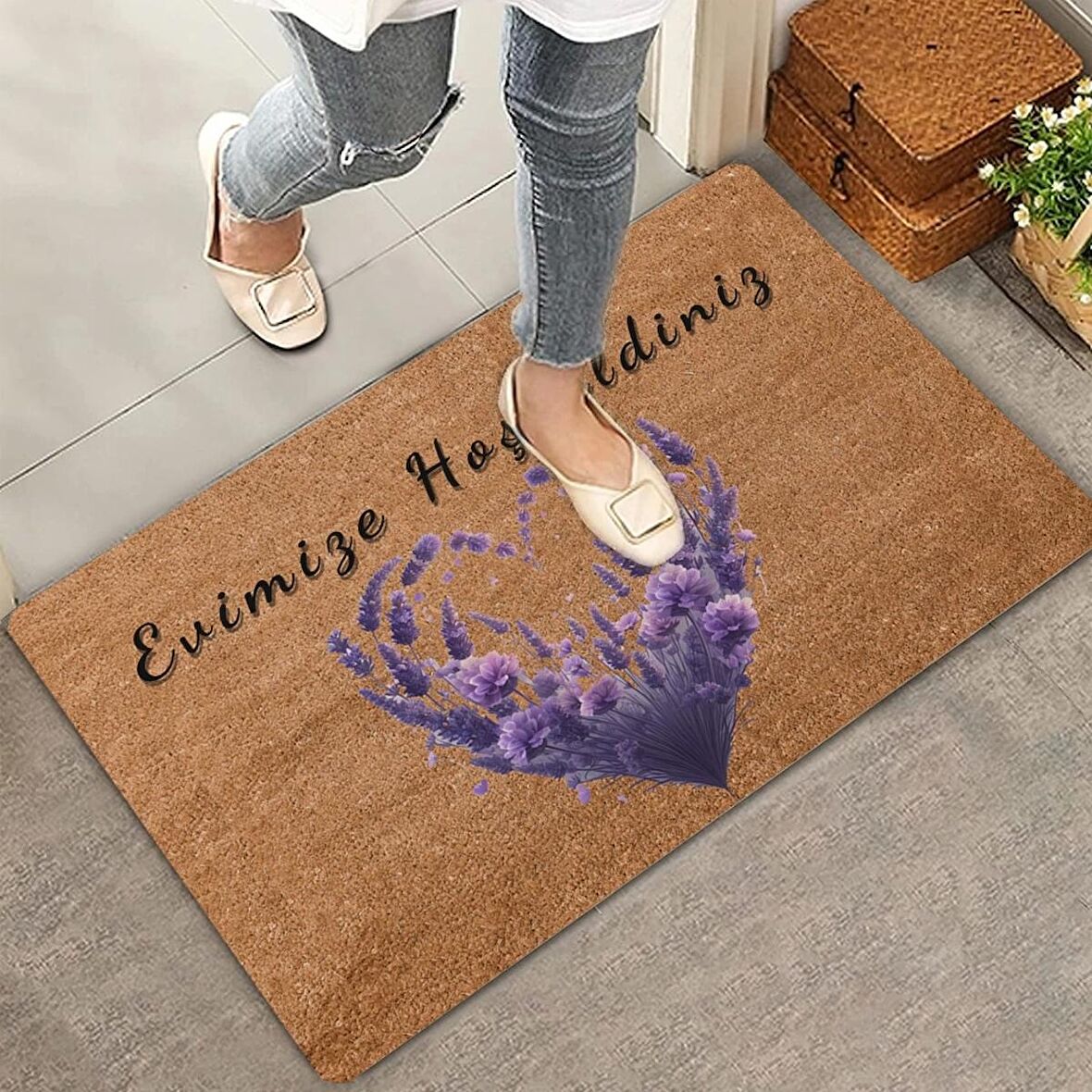 Valerine Life Kalp Çemberi Lavanta Evimize Hoş Geldiniz Kapı Önü Paspası 45x70cm
