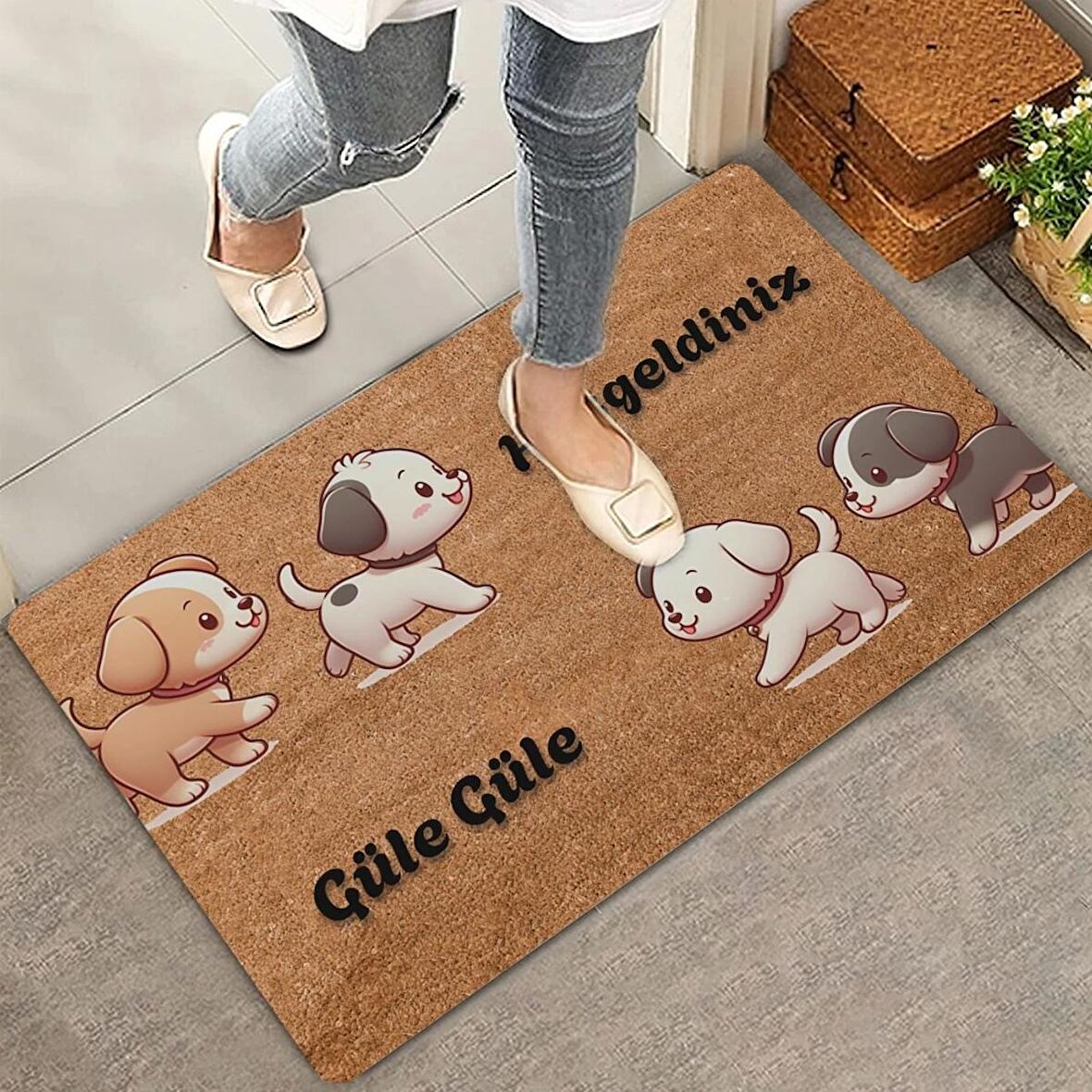 Valerine Life Yavru Köpekler Hoş Geldiniz ve Güle Güle Kapı Önü Paspası 45x70cm