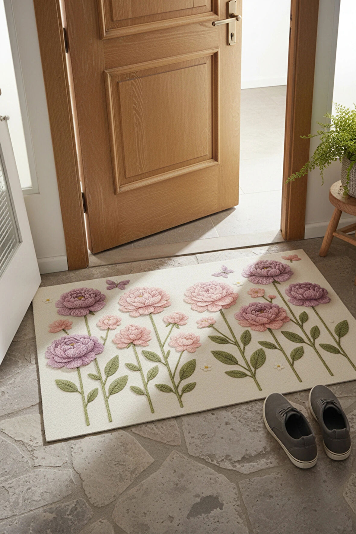 Valerine Life Nakışlı Şakayık Çiçeklerİ Welcome Hoş Geldiniz Dijital Baskı Kapı Önü Paspası 45x70cm