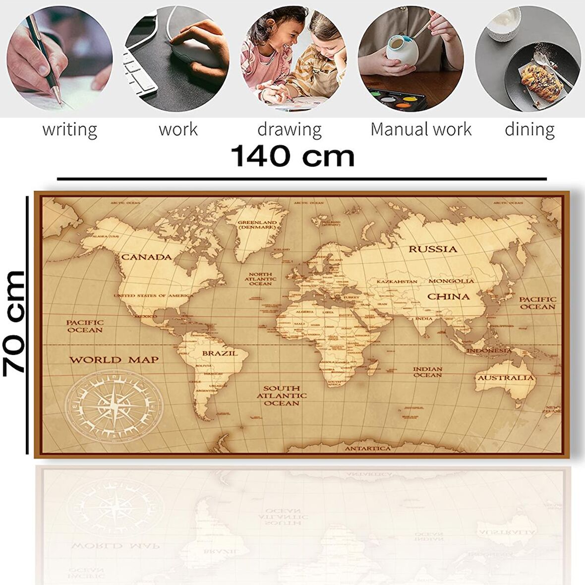 SonicTouch Vintage Retro Dünya Haritası Kaydırmaz Silinebilir Yıkanabilir Masa Matı Pad 70x140cm