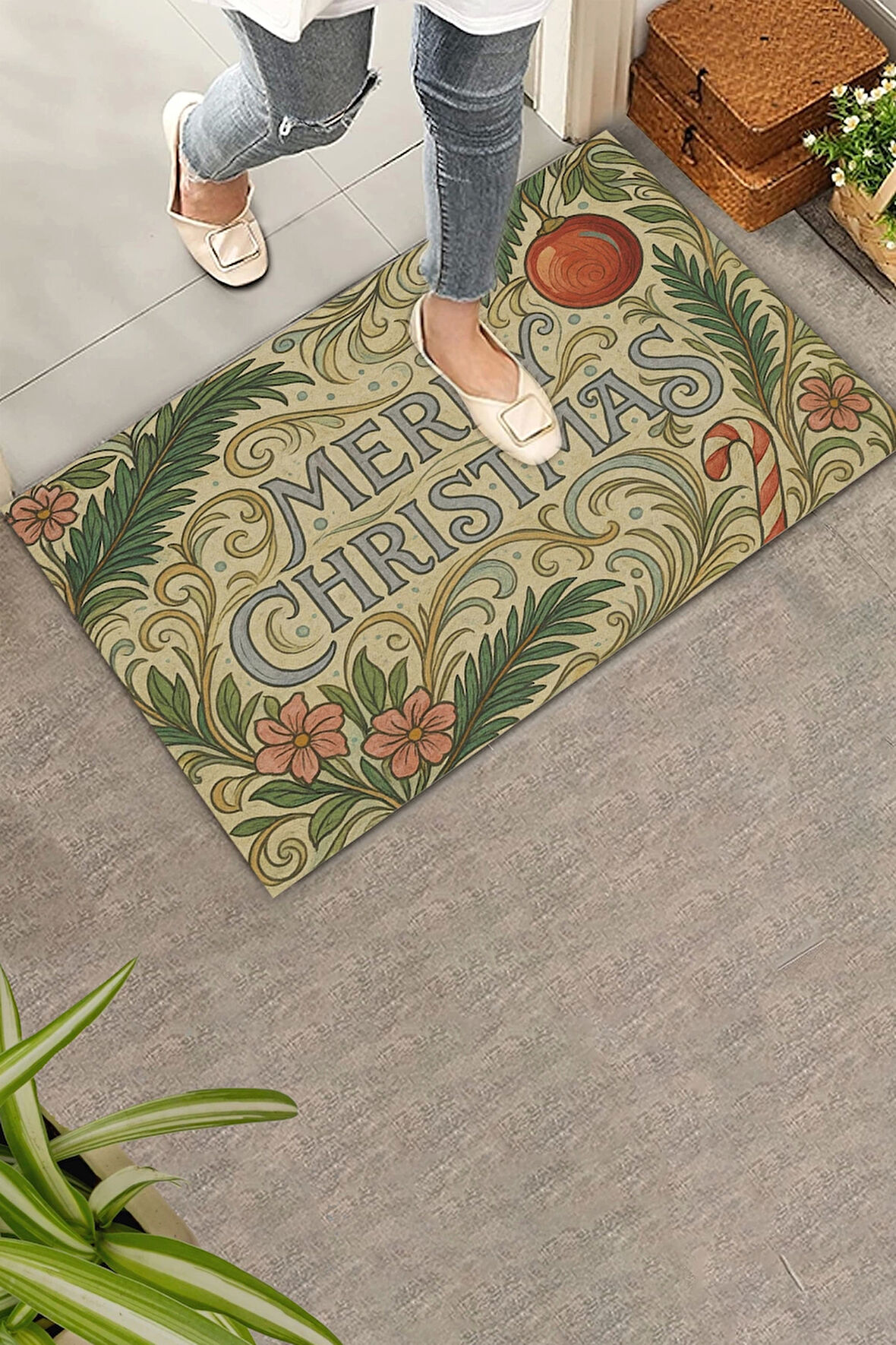 Valerine Life Çiçek Süslemeli Krem Merry Christmas Welcome Hoş Geldiniz Kapı Önü Paspası 45x70cm