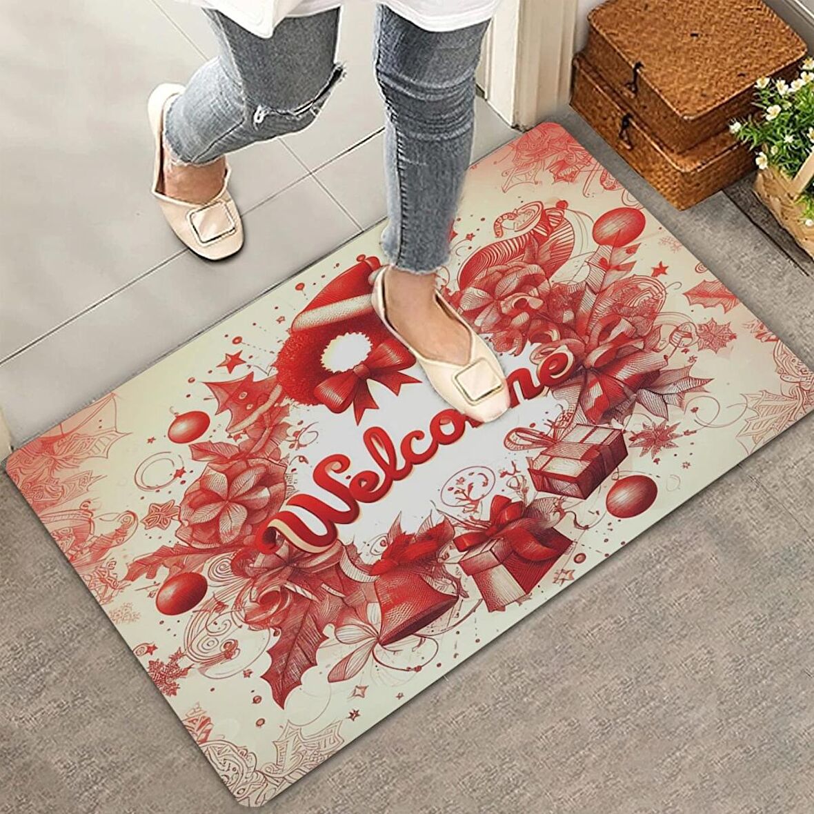 Valerine Life Kırmızı Noel Kapı Süsü Temalı Welcome Kapı Önü Paspası 45x70cm