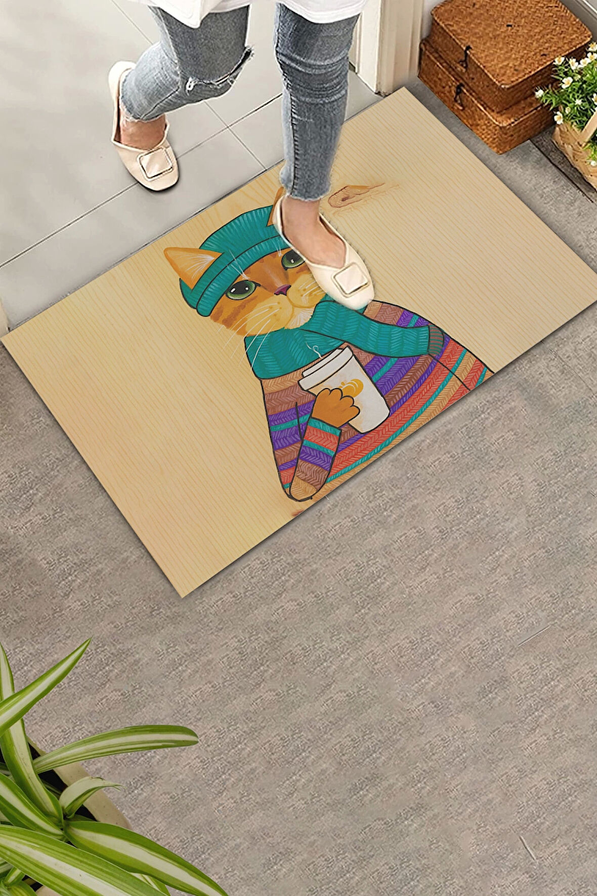 Valerine Life Kedilatte Parke Desenli Krem Rengi Welcome Hoş Geldiniz Kapı Önü Paspası 45x70cm