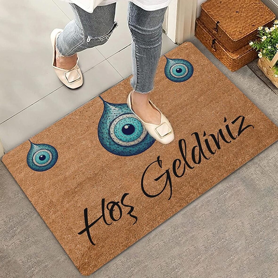 Valerine Life Bize Nazar Değmesin Üçlü Nazar Boncuğu Hoş Geldiniz Kapı Önü Paspası 45x70cm