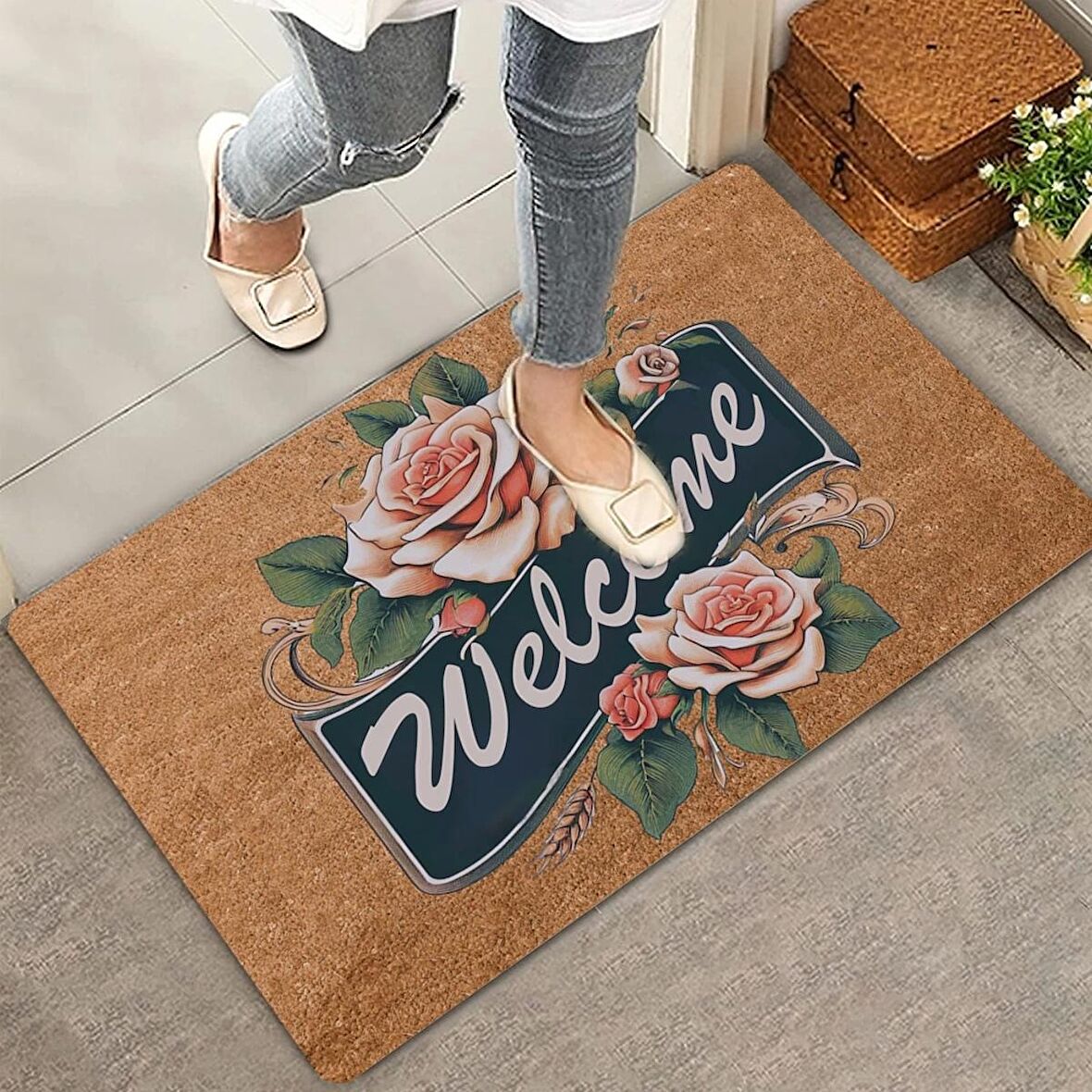 Valerine Life Pembe Gonca Gül Welcome Kapı Önü Paspası 45x70cm