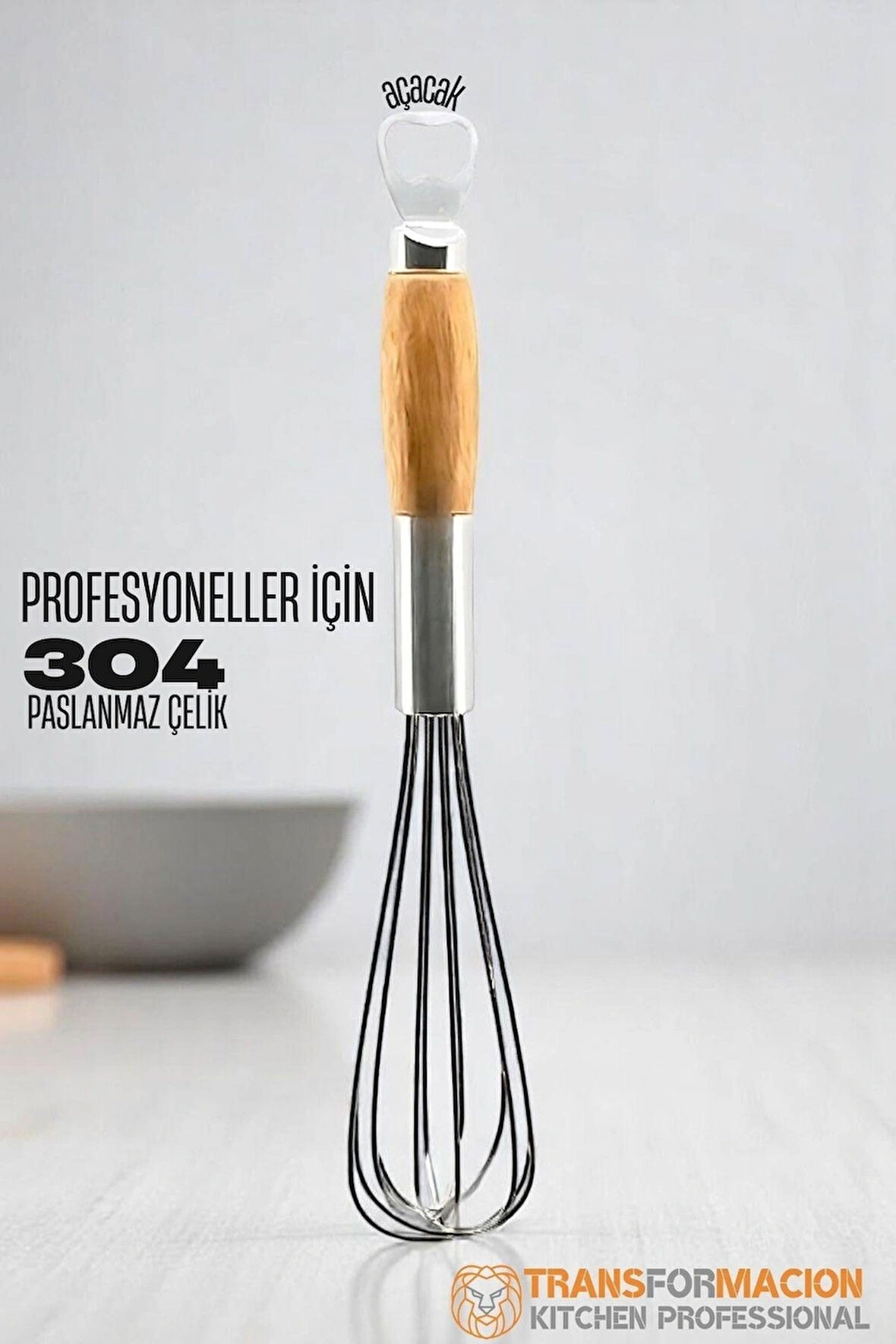 Dekorasyaa Ahşap Saplı Açacaklı Çırpıcı 304 Paslanmaz Çelik Yumurta ve Sos Çırpıcı Çırpma Teli 31cm