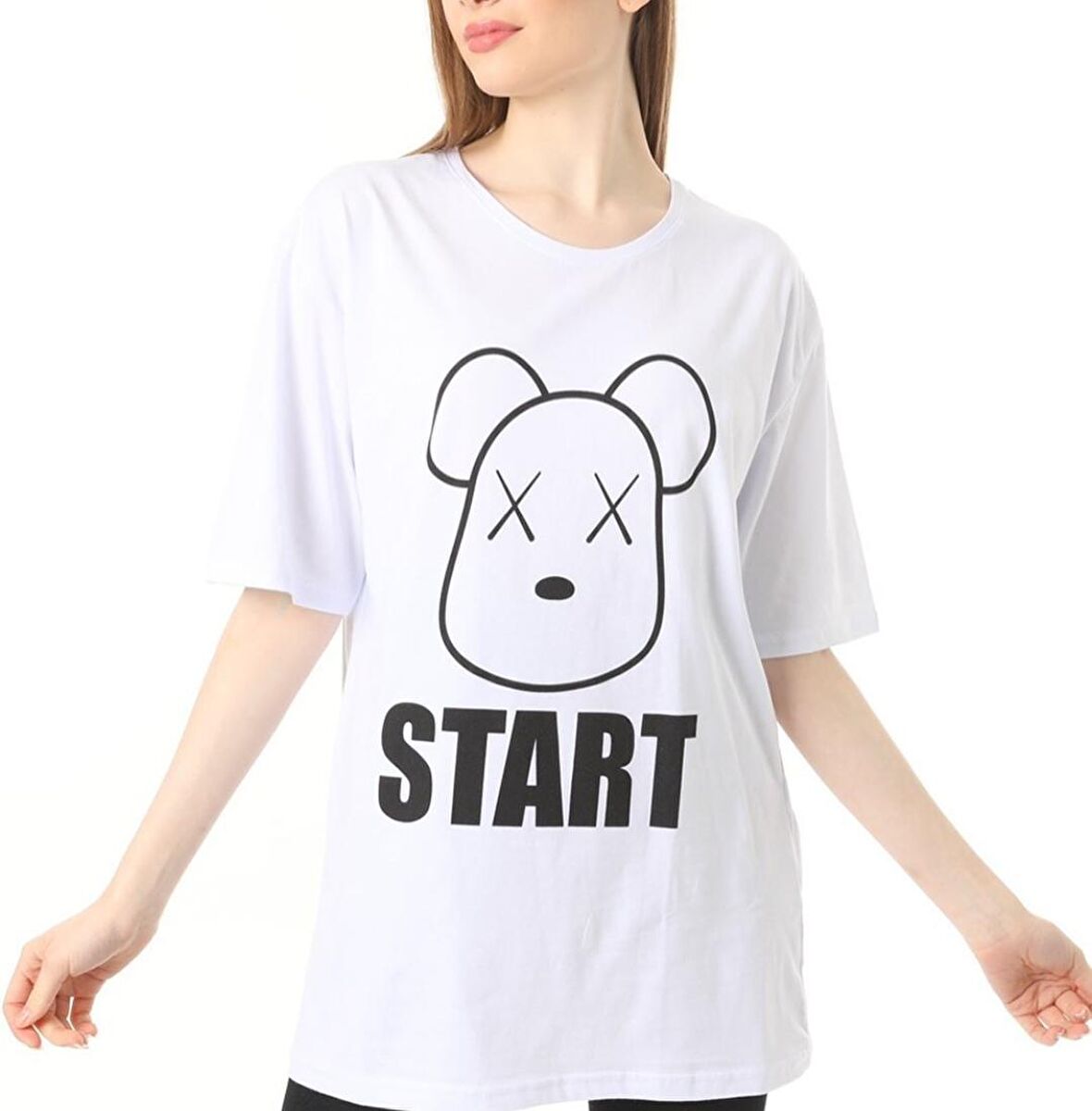 Beyaz Start Baskılı Oversize  Tshirt