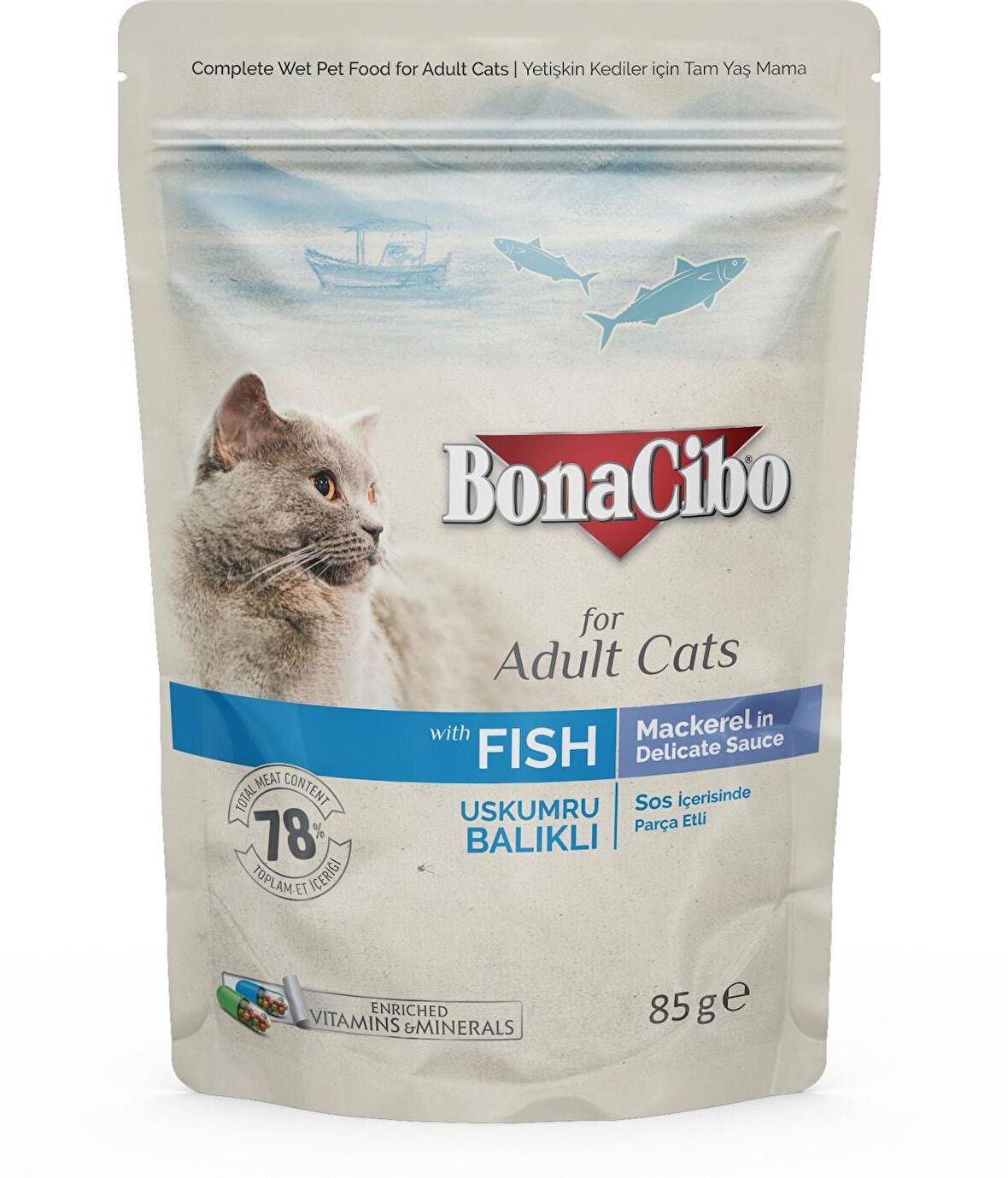 Bonacibo Soslu Uskumru-Balıklı Pouch Yetişkin Kedi Yaş Maması 85gr