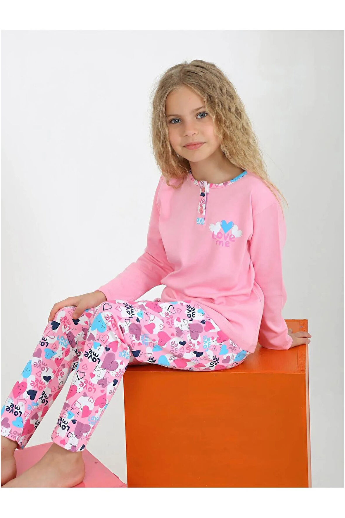 Kız Çocuk Love Me Baklı Uzun Kollu %100 Pamuklu Düğme Detaylı Pijama Takımı  6/9 Yaş