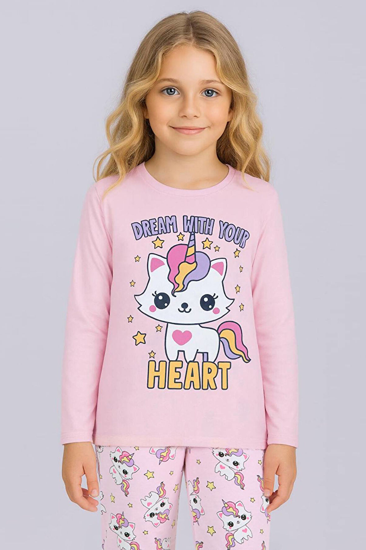 Kız Çocuk Baskılı Uzun Kollu %100 Pamuklu Pijama Takımı