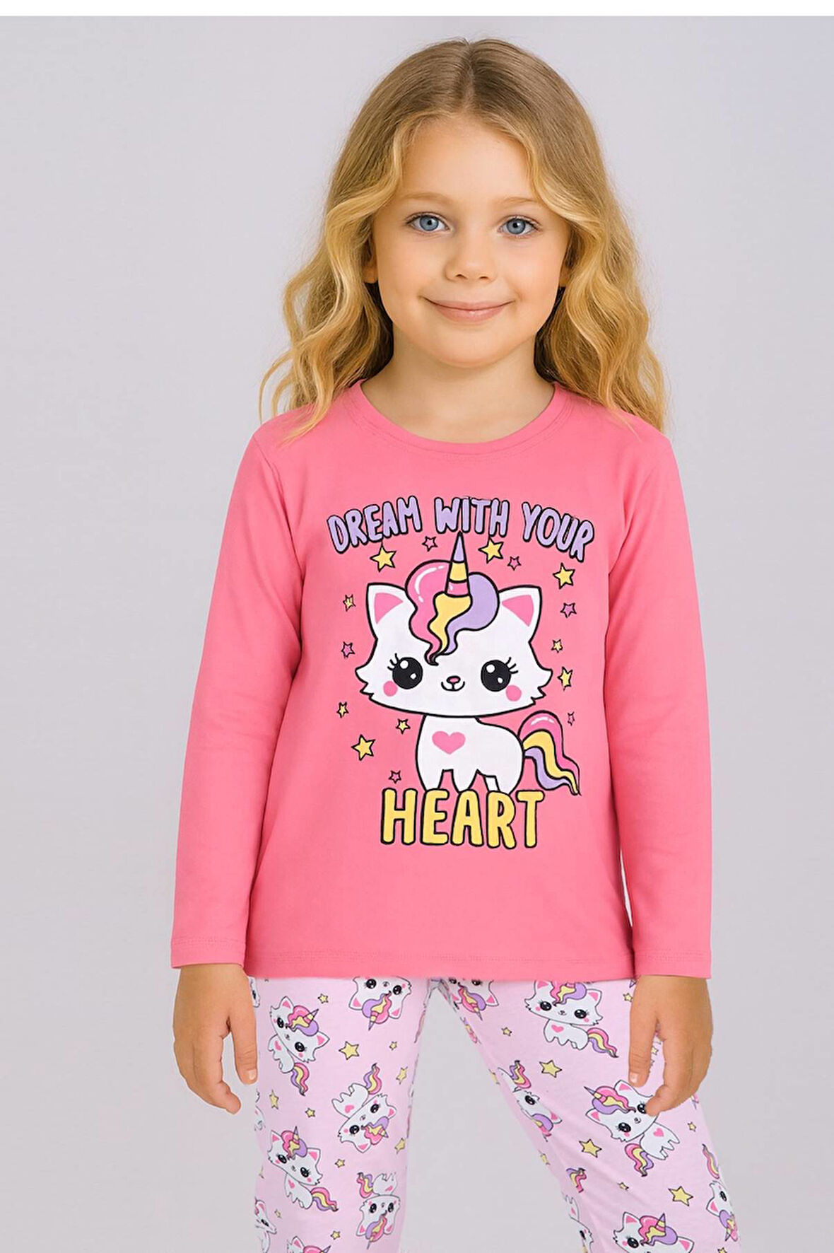 Kız Çocuk Baskılı Uzun Kollu %100 Pamuklu Pijama Takımı 5/8 Yaş